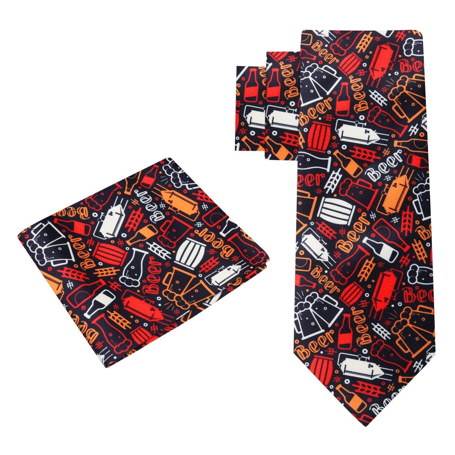 Alt View: Black, Red, Orange, White Beer Themed Tie and Pocket Square