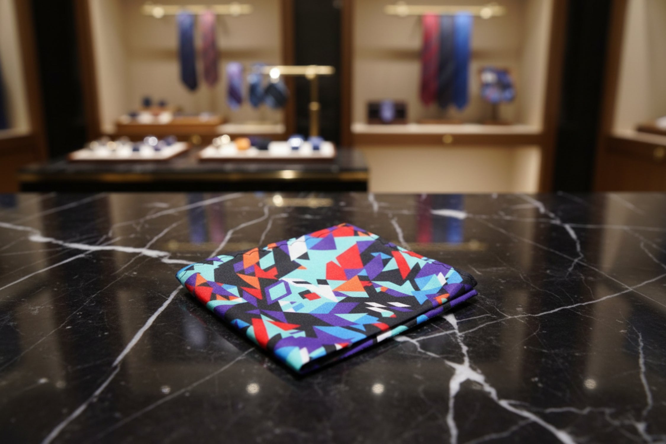 Abstract Geometric Pocket Square in Black Blue Red and Purple