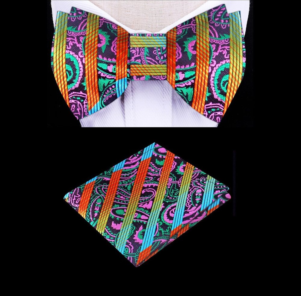 A Green, Orange, Light Blue, Pink Color With Paisley Pattern Silk Kids Pre-Tied Bow Tie, Matching Pocket Square