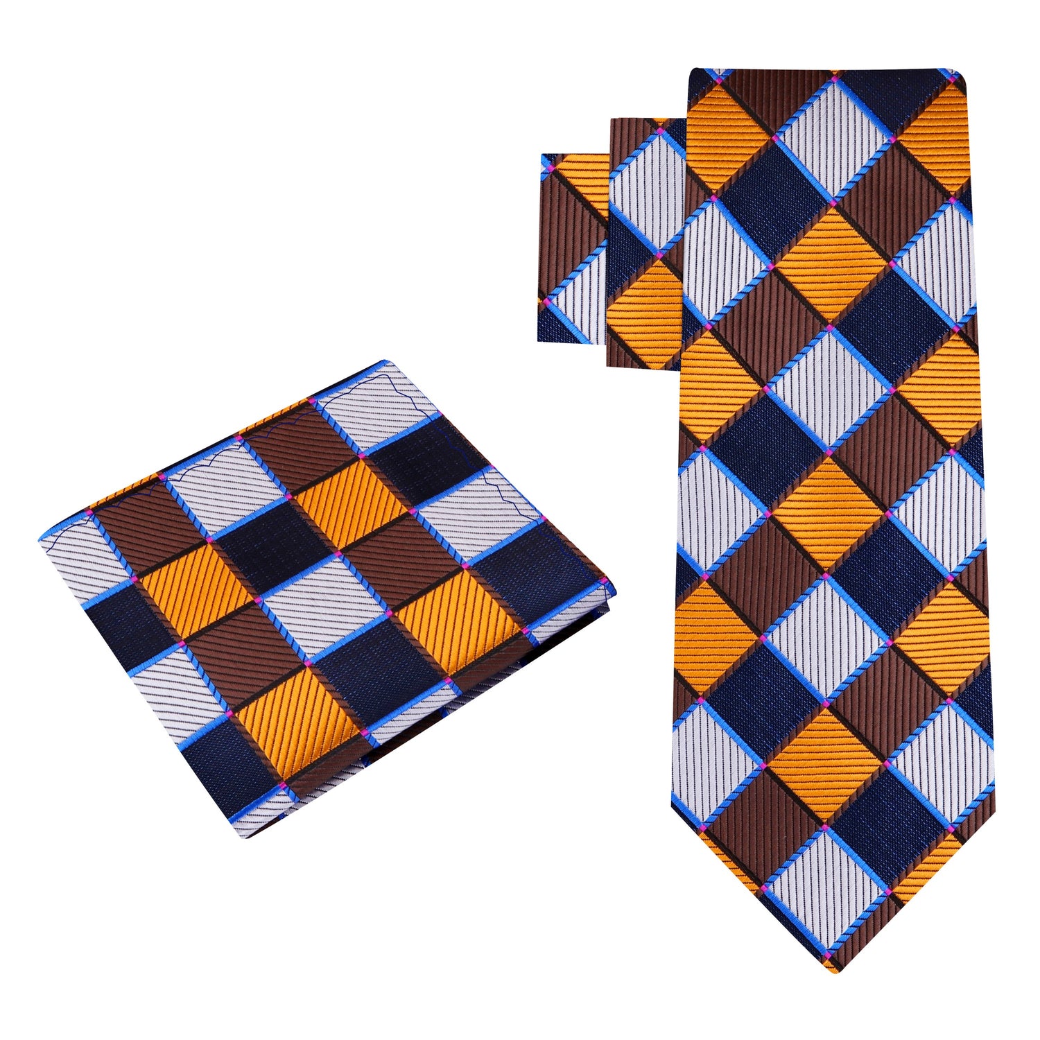 Alt View: A Gold, Brown, Blue, Grey Geometric Check Pattern Necktie With Matching Pocket Square