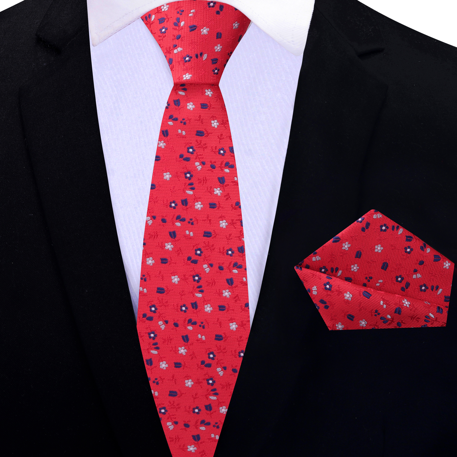 Red Floral Thin Tie and Square