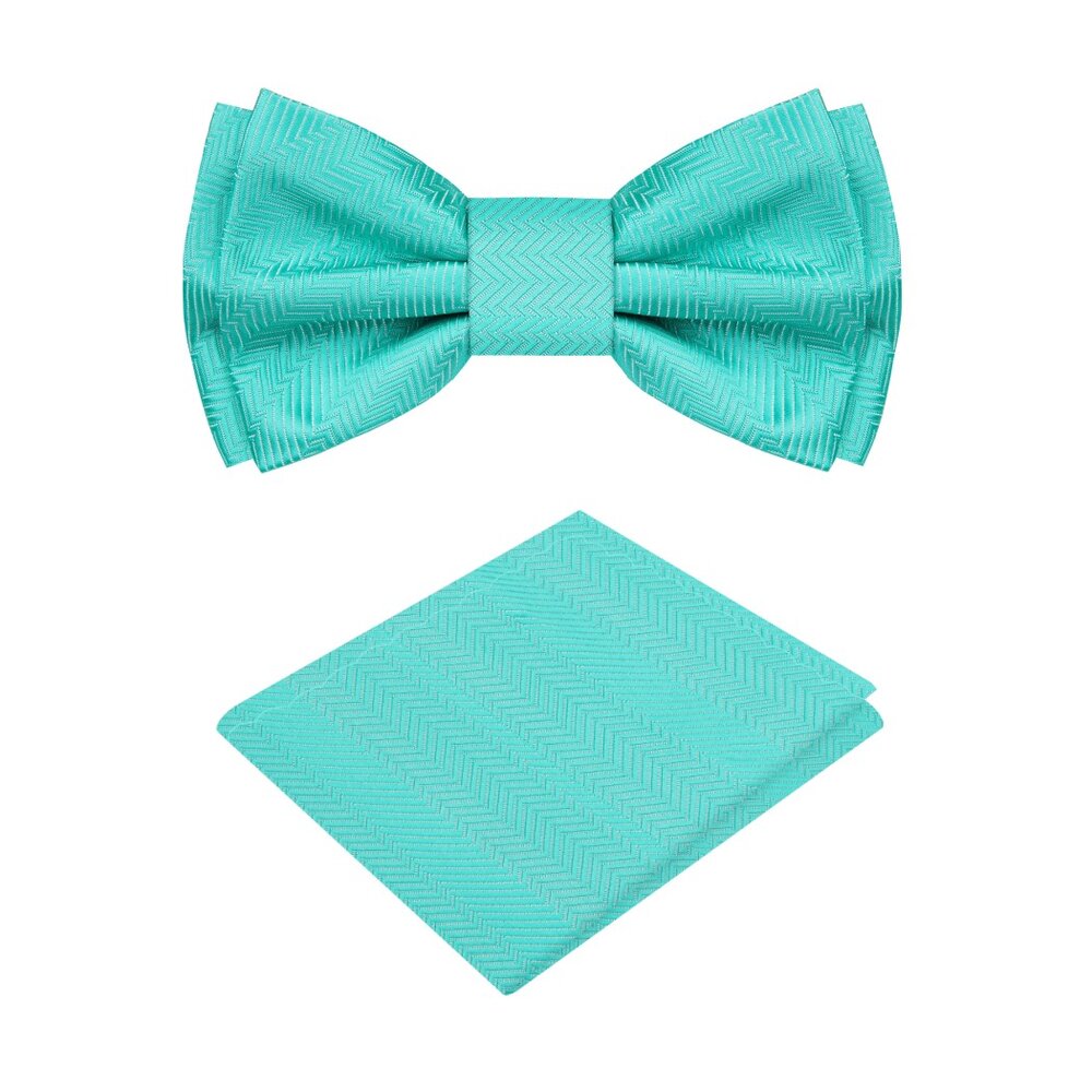 A Solid Turquoise Pattern Silk Self Tie Bow Tie, Matching Pocket Square||Turquoise