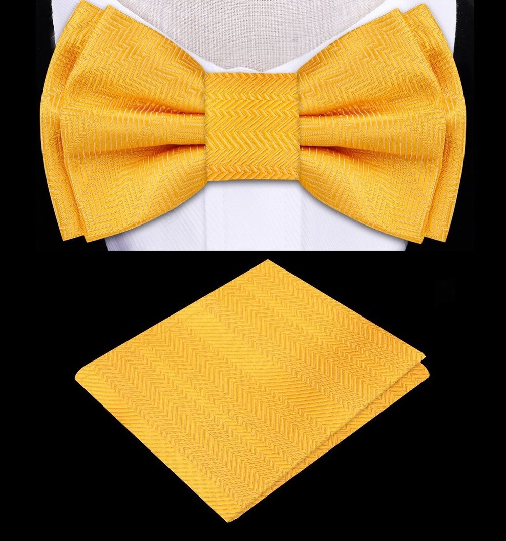 A Solid Tuscany Yellow Color with Lined Texture Pattern Silk Kids Pre-Tied Bow Tie, Matching Pocket Square