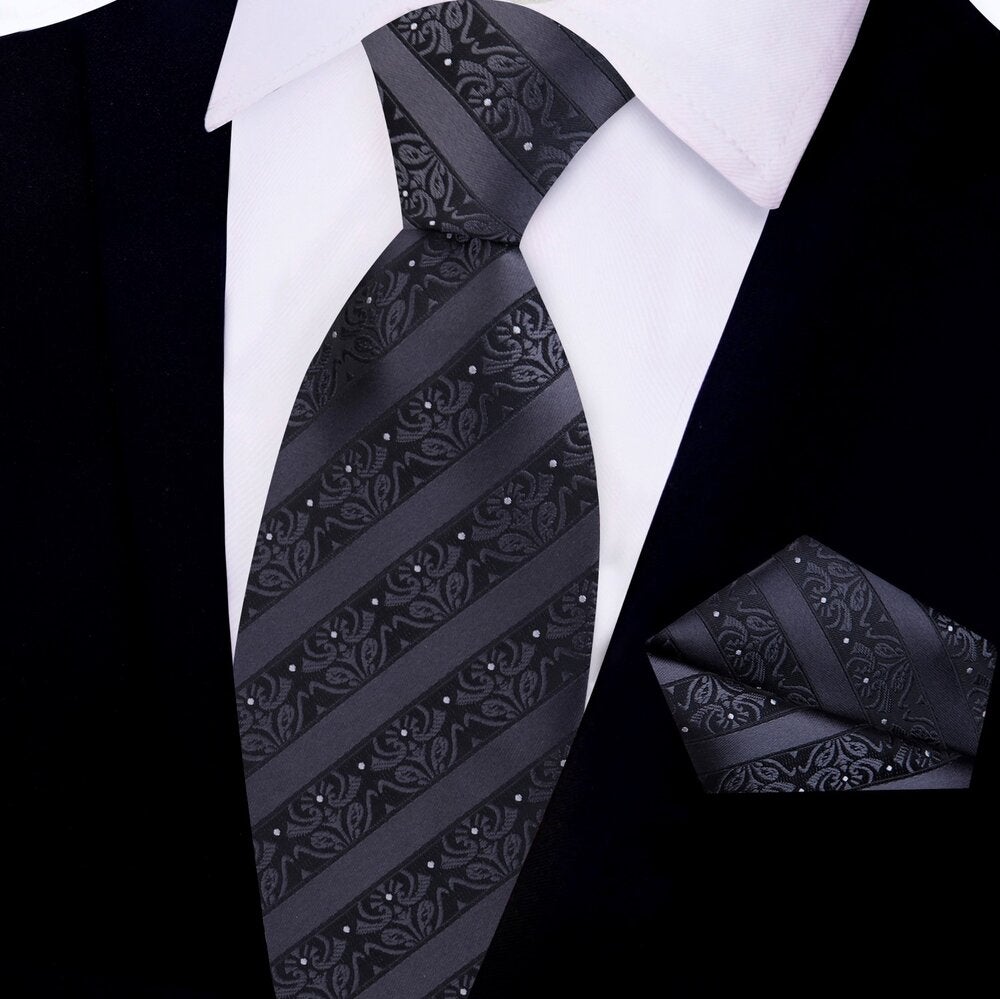 Black Floral Tie and Pocket Square