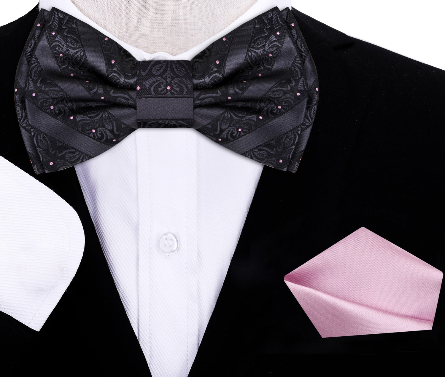 A Black Color Intricate Vine Texture Pattern Silk Kids Pre-Tied Bow Tie, Accenting Pink Pocket Square On Suit