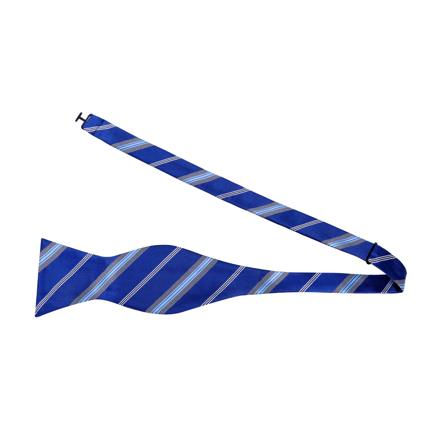 A Blue, Grey, White Stripe Pattern Silk Self Tie Bow Tie Untied