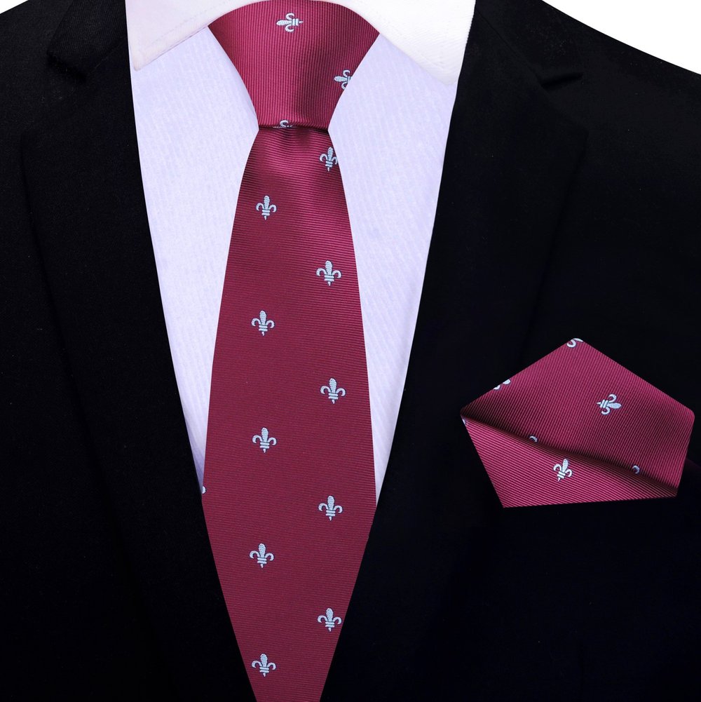 Deep Red and Grey Fleur De Lis Silk Thin Tie and Pocket Square