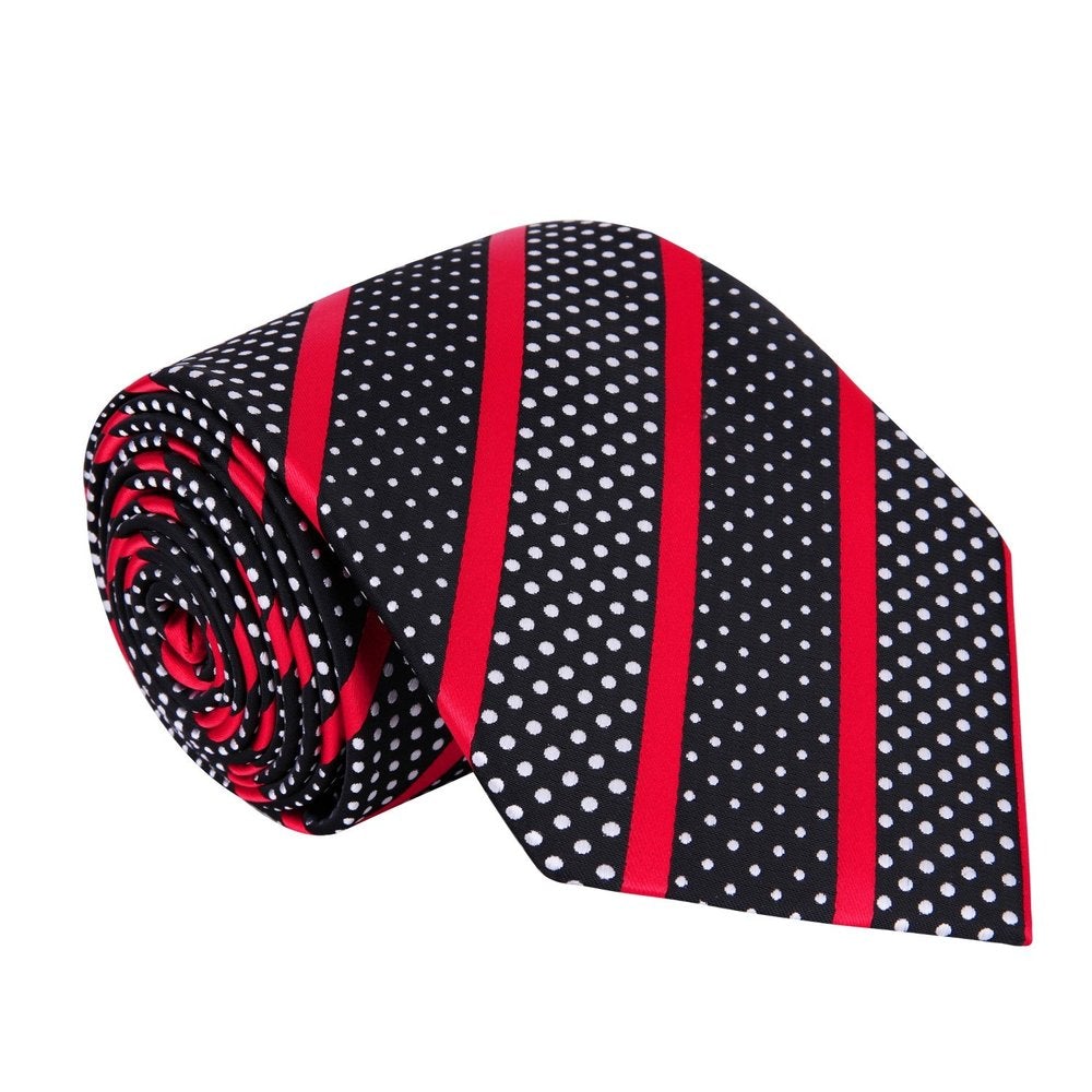 A Black Silk Background With Red Stripes And White Dots Necktie  