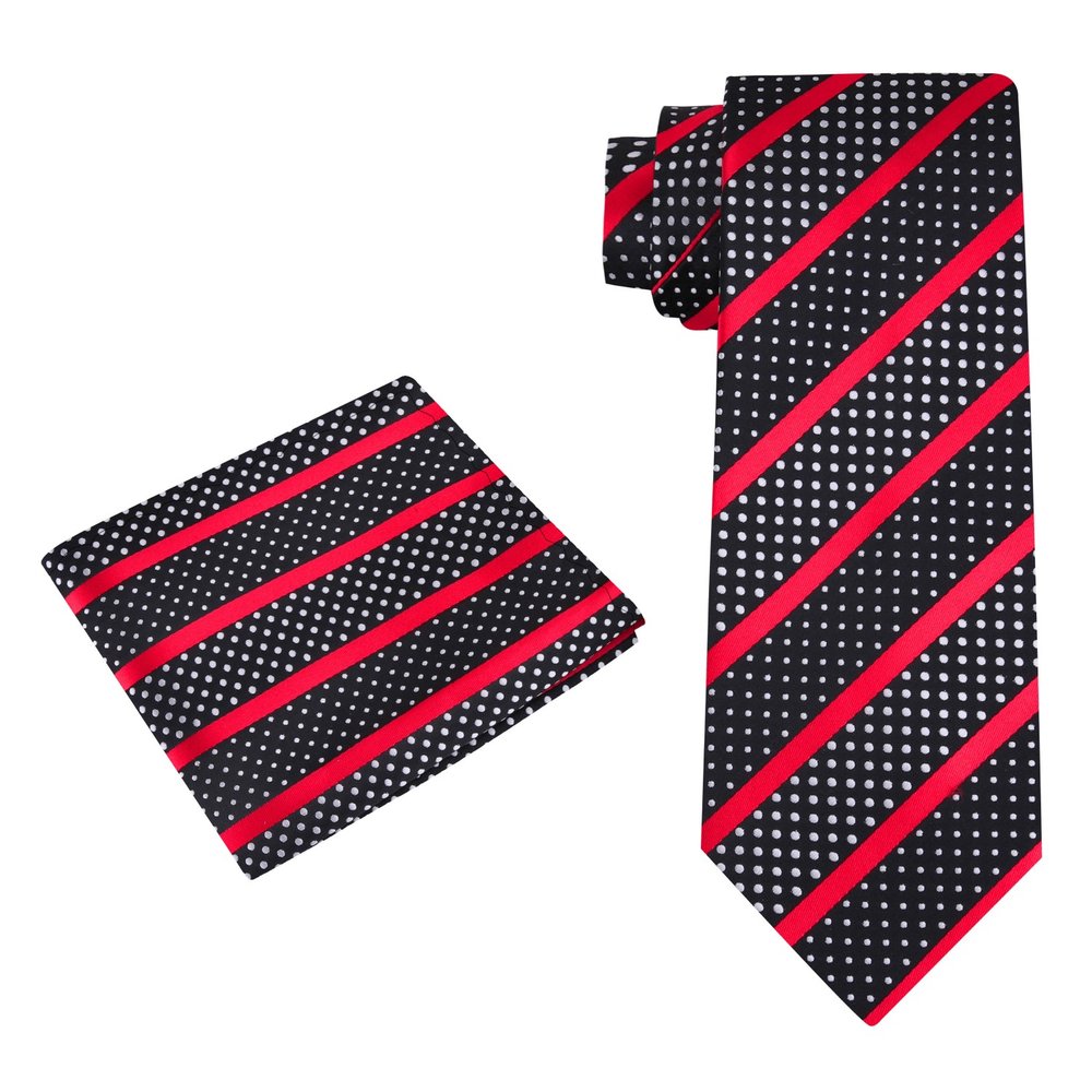 Alt View: A Black Silk Background With Red Stripes And White Dots Necktie With Matching Pocket Square