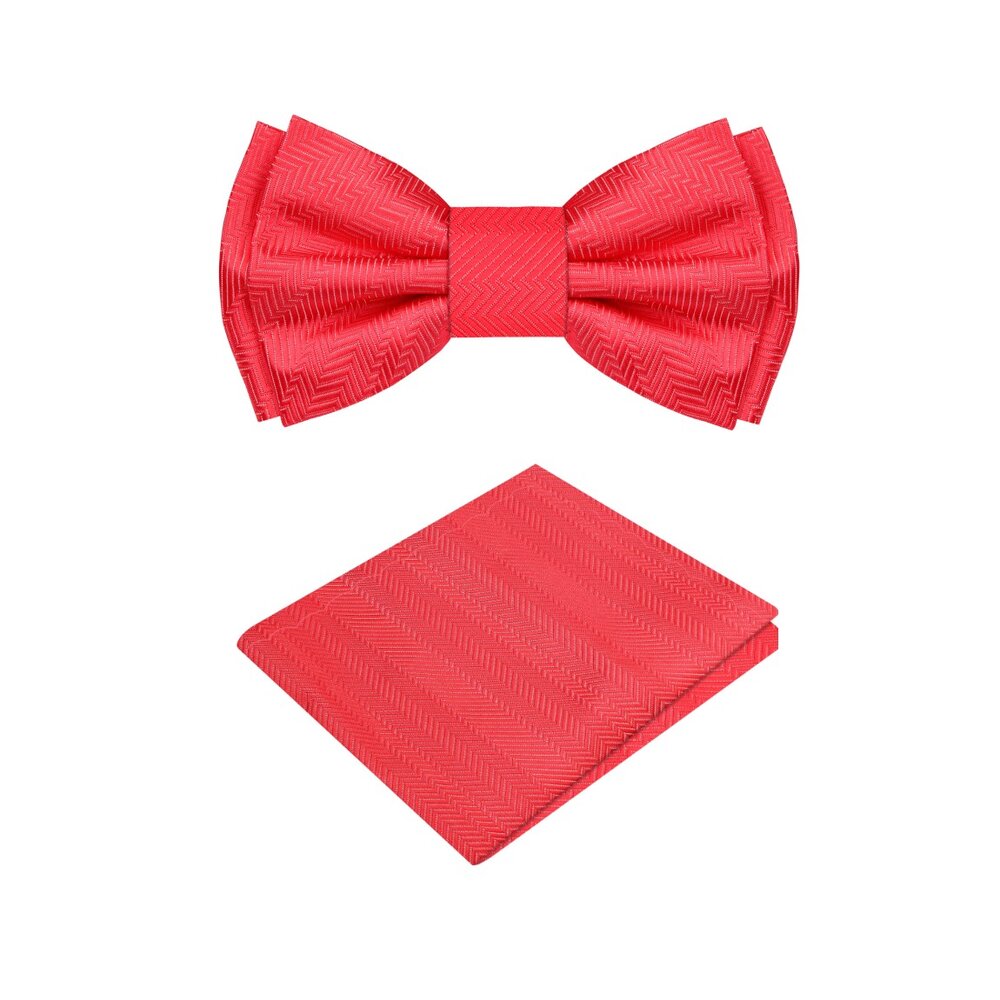 A Coral Solid Pattern Self Tie Bow Tie, Matching Pocket Square||Vibrant Coral