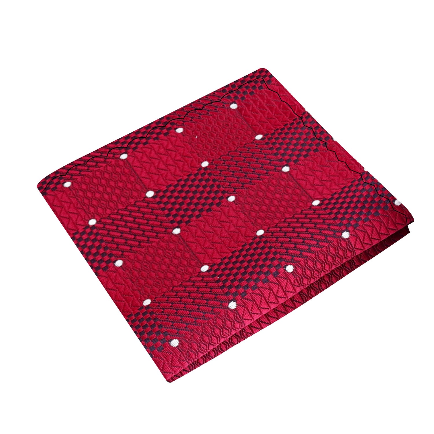 A Burgundy, White Color Geometric Check with Small Dot Pocket Square