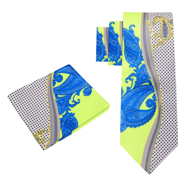 Alt view: Lime Green, Blue and Off-white abstract paisley tie and square
