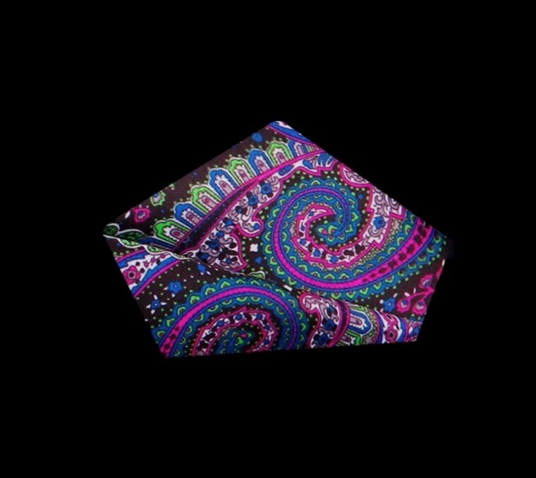 View 2: A Pink, Blue, Green, Brown Paisley Pattern Silk Pocket Square