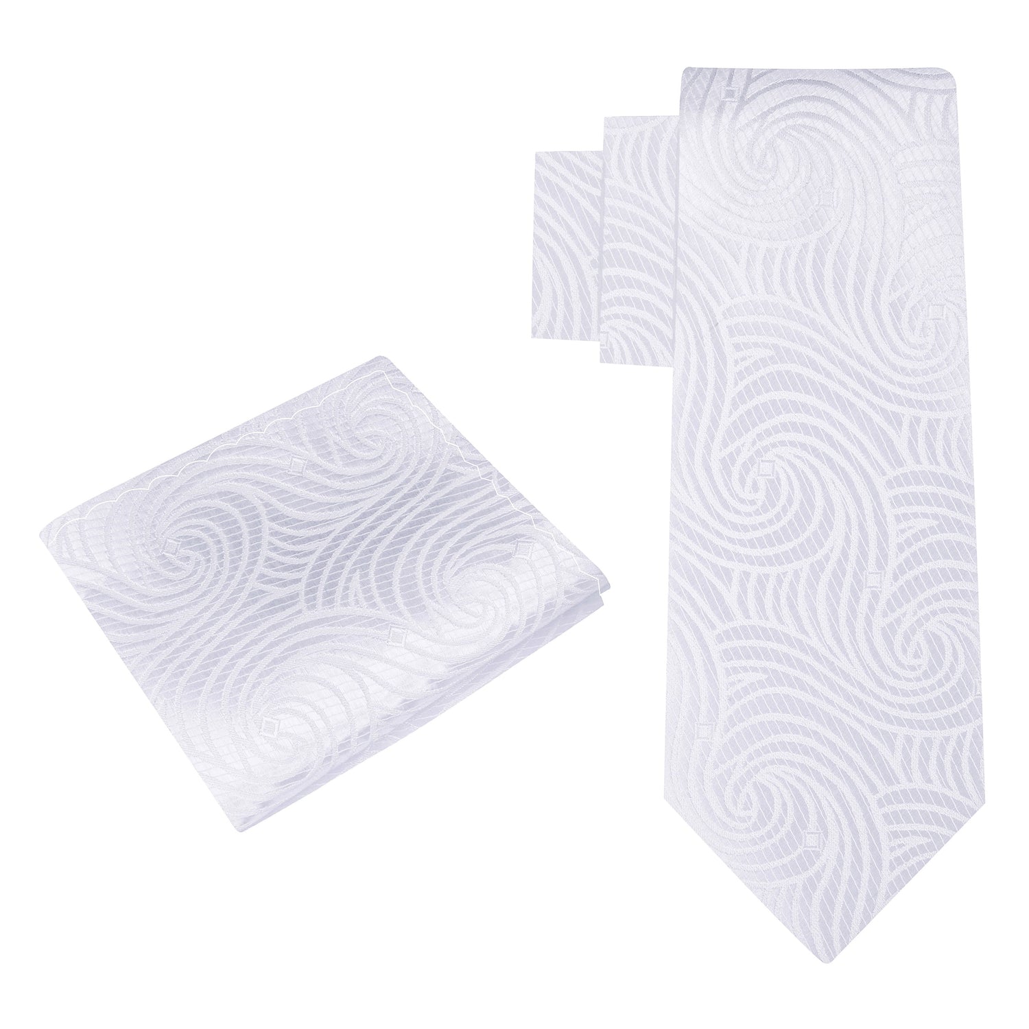 Alt View: A White Abstract Swirl Pattern Silk Necktie, Matching Pocket Square