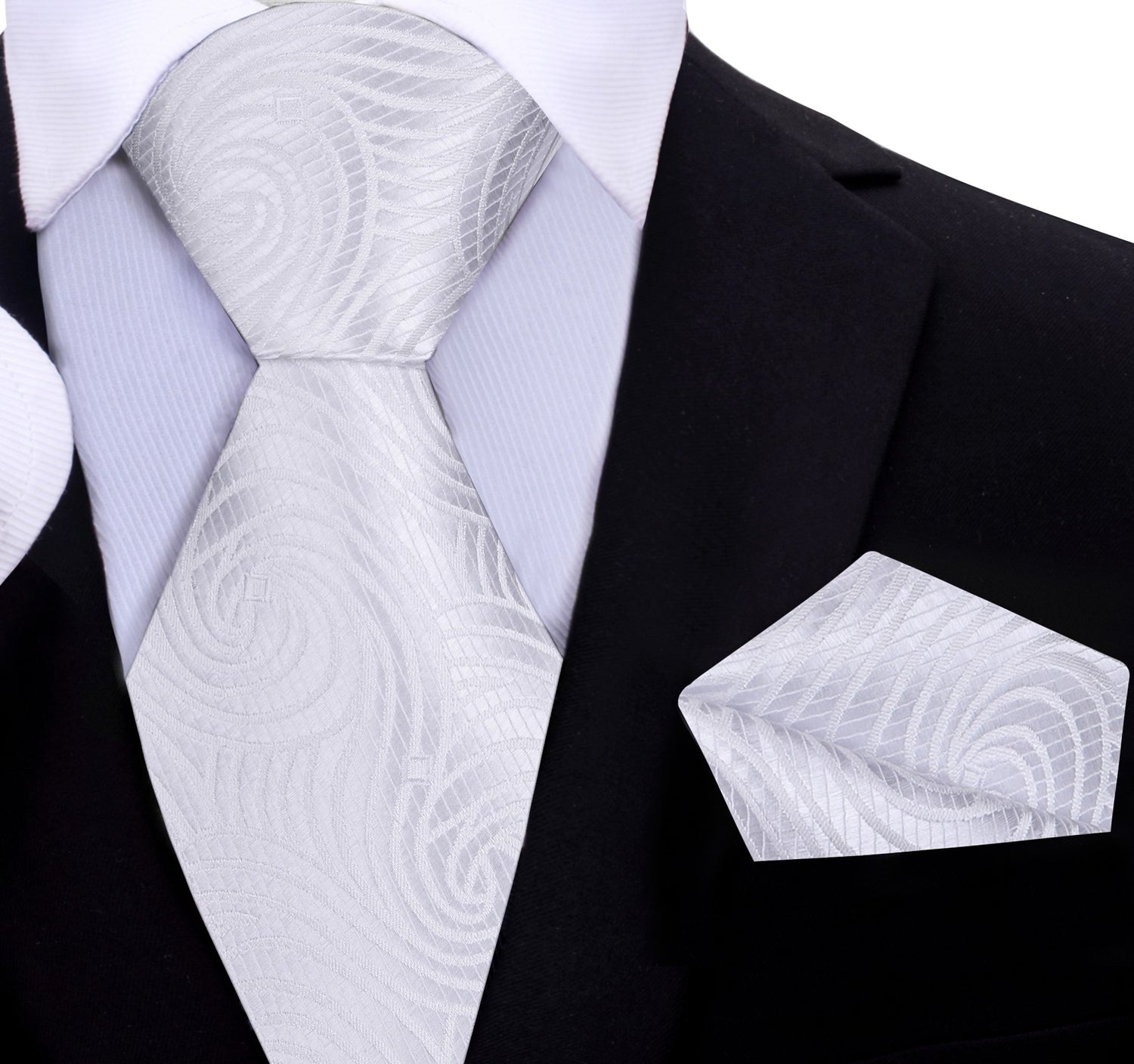 Main: A White Abstract Swirl Pattern Silk Necktie, Matching Pocket Square