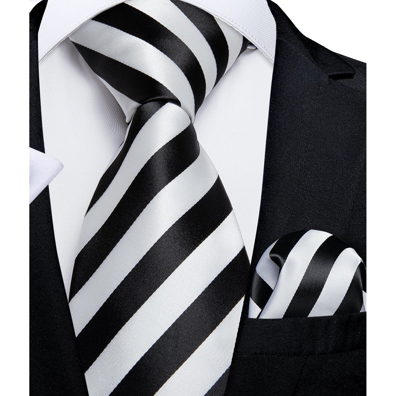 A Black, White Stripe Pattern Silk Necktie, Pocket Square