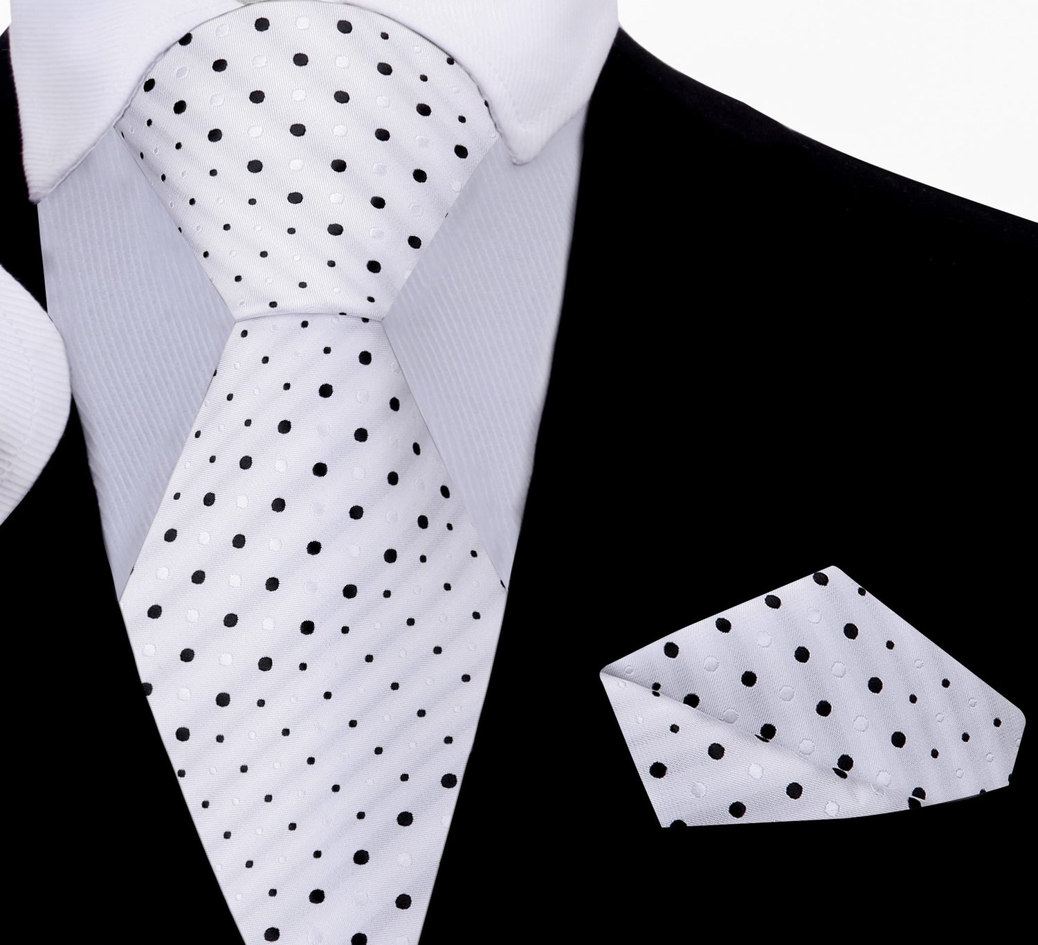 A White, Black Polka Dot Pattern Silk Necktie, Matching Pocket Square