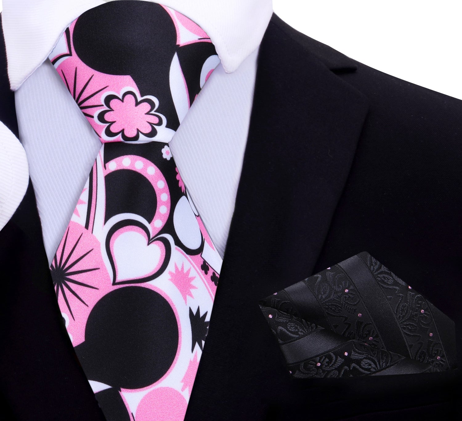 White, Black, Pink Abstract Hearts Tie and Square