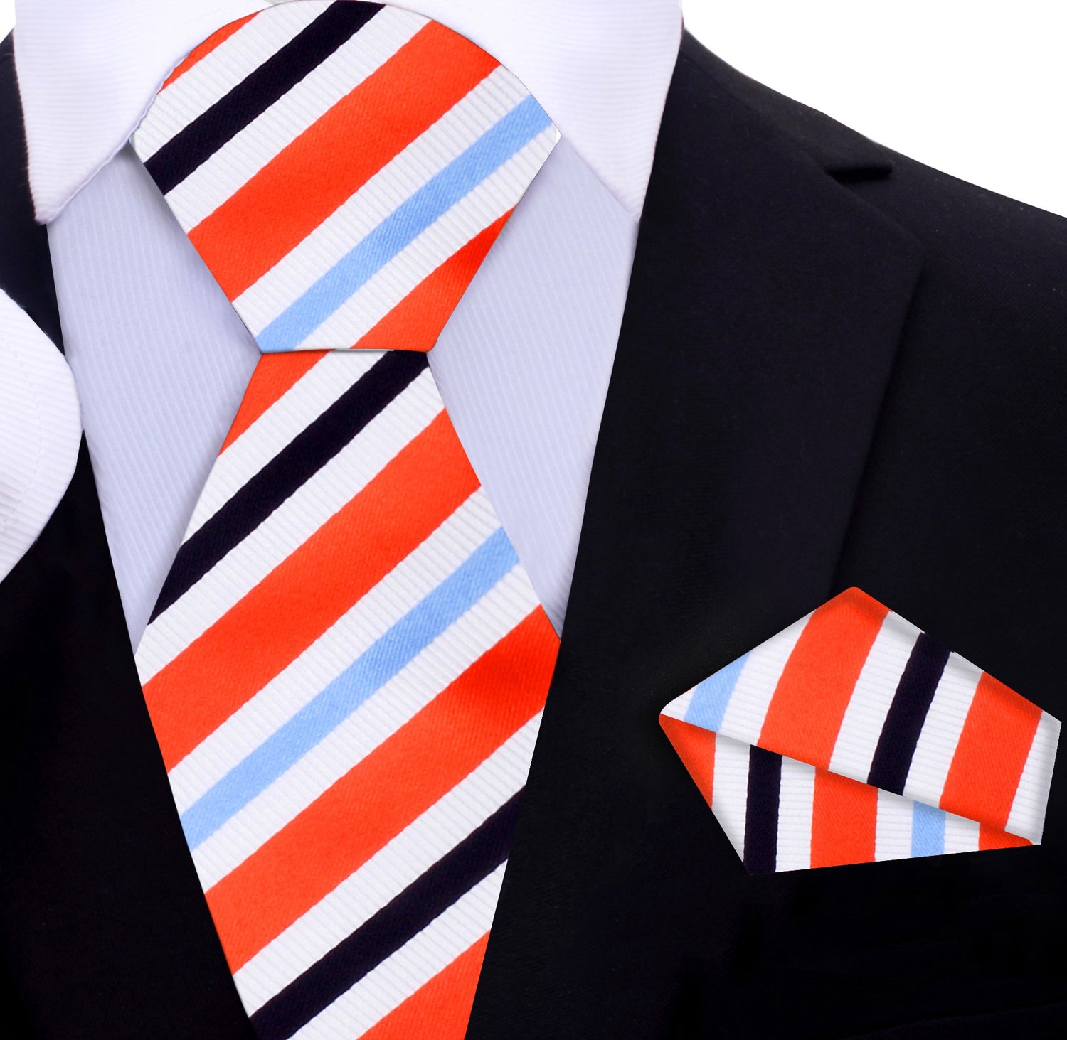 A White, Black, Orange, Light Blue Stripe Silk Necktie, Matching Pocket Square