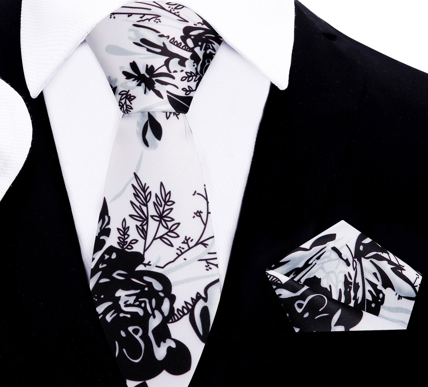 White with Black Sketched Flowers Thin Tie and Pocket Square