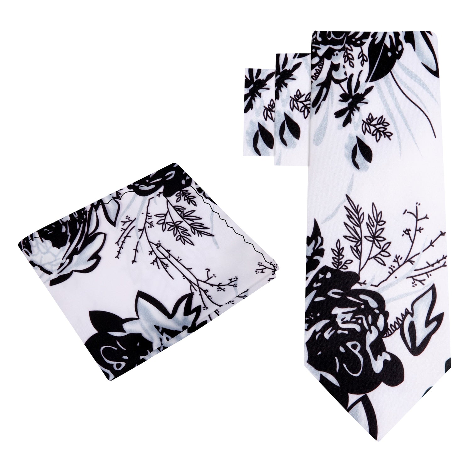 Alt View: White with Black Sketched Flowers Tie and Pocket Square