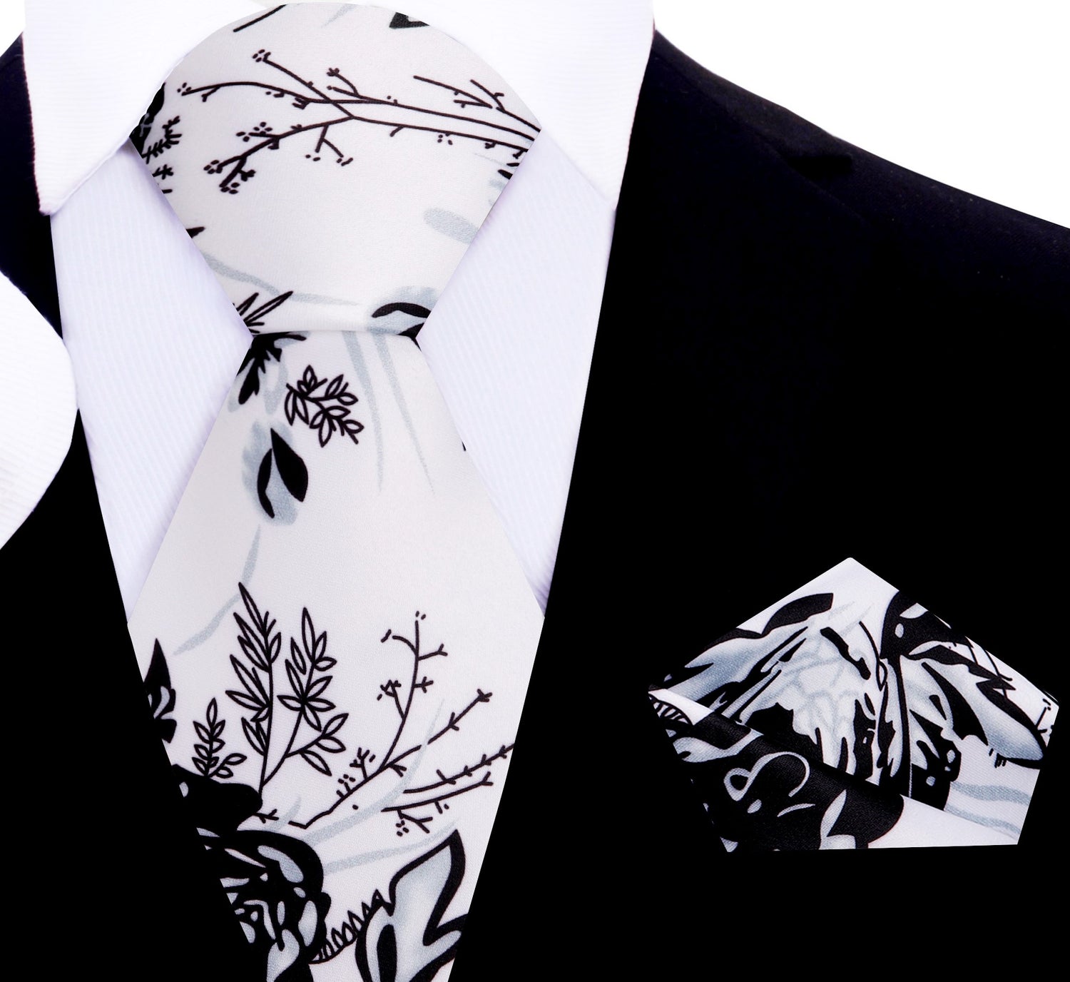 White with Black Sketched Flowers Tie and Pocket Square