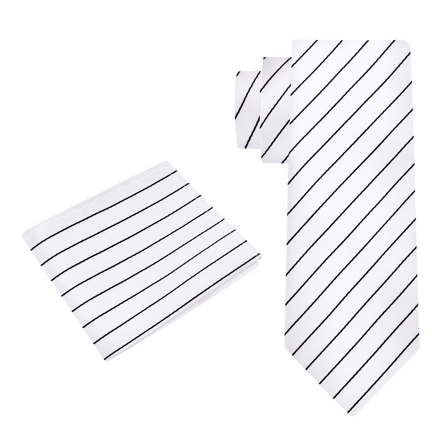 Alt View: A White, Black Stripe Pattern Silk Necktie and Pocket Square