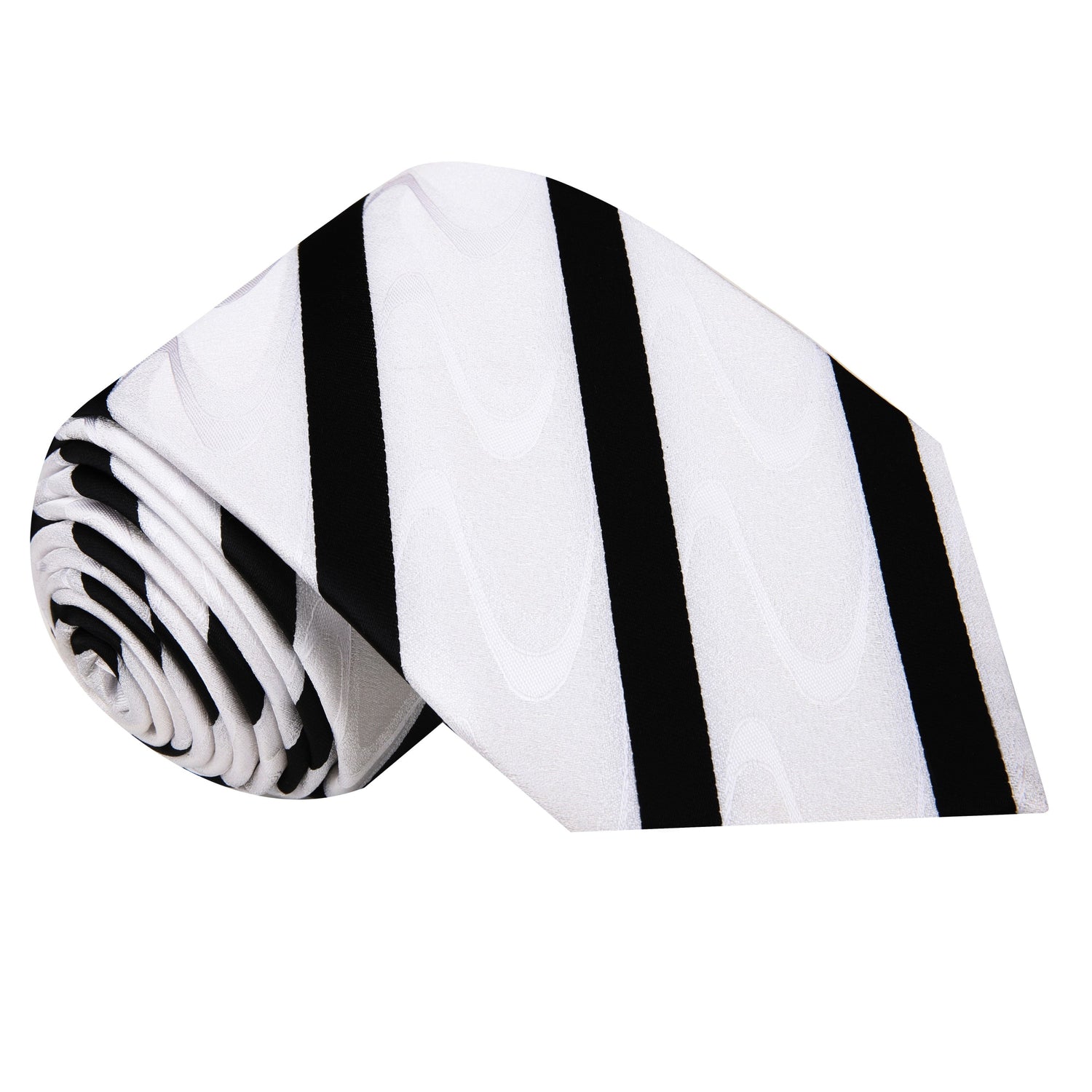 A White With Abstract Wave And Black Stripe Pattern Silk Necktie 