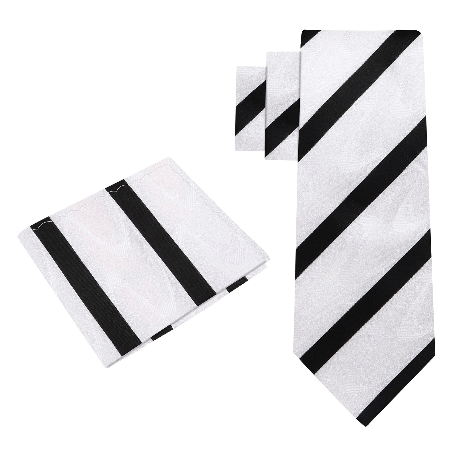Alt View: A White With Abstract Wave And Black Stripe Pattern Silk Necktie, Pocket Square
