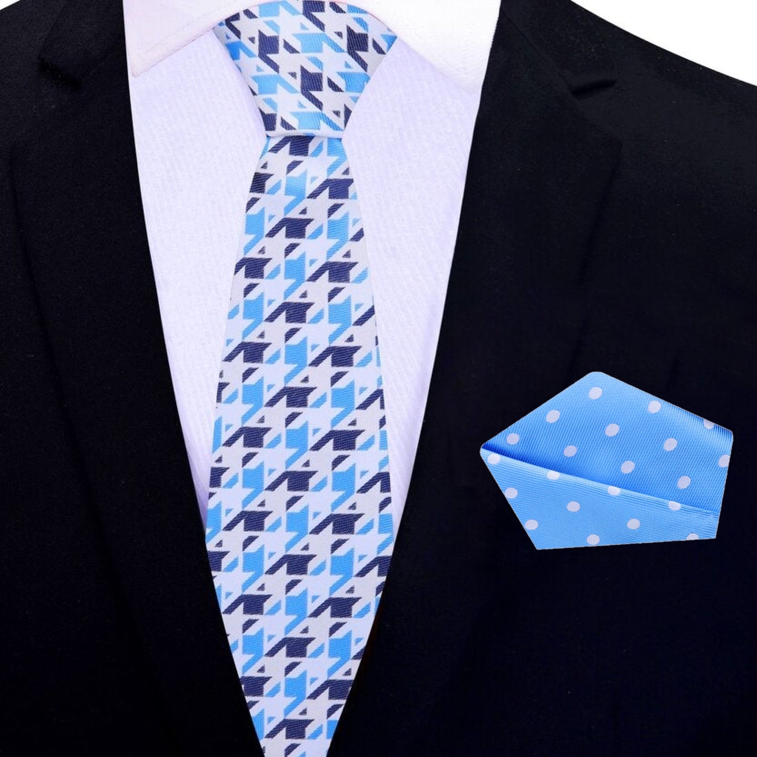 Thin Tie: Main View: Blue, Light Blue, White Geometric Tie and Accenting Pocket Square