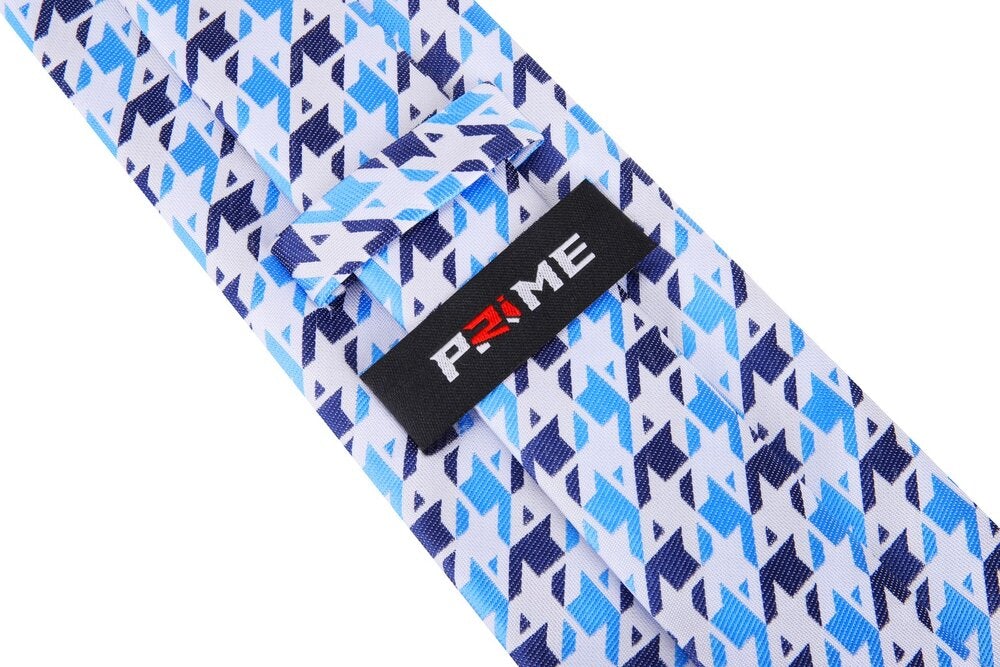 Blue, Light Blue, White Geometric Tie Showing PRIME Logo