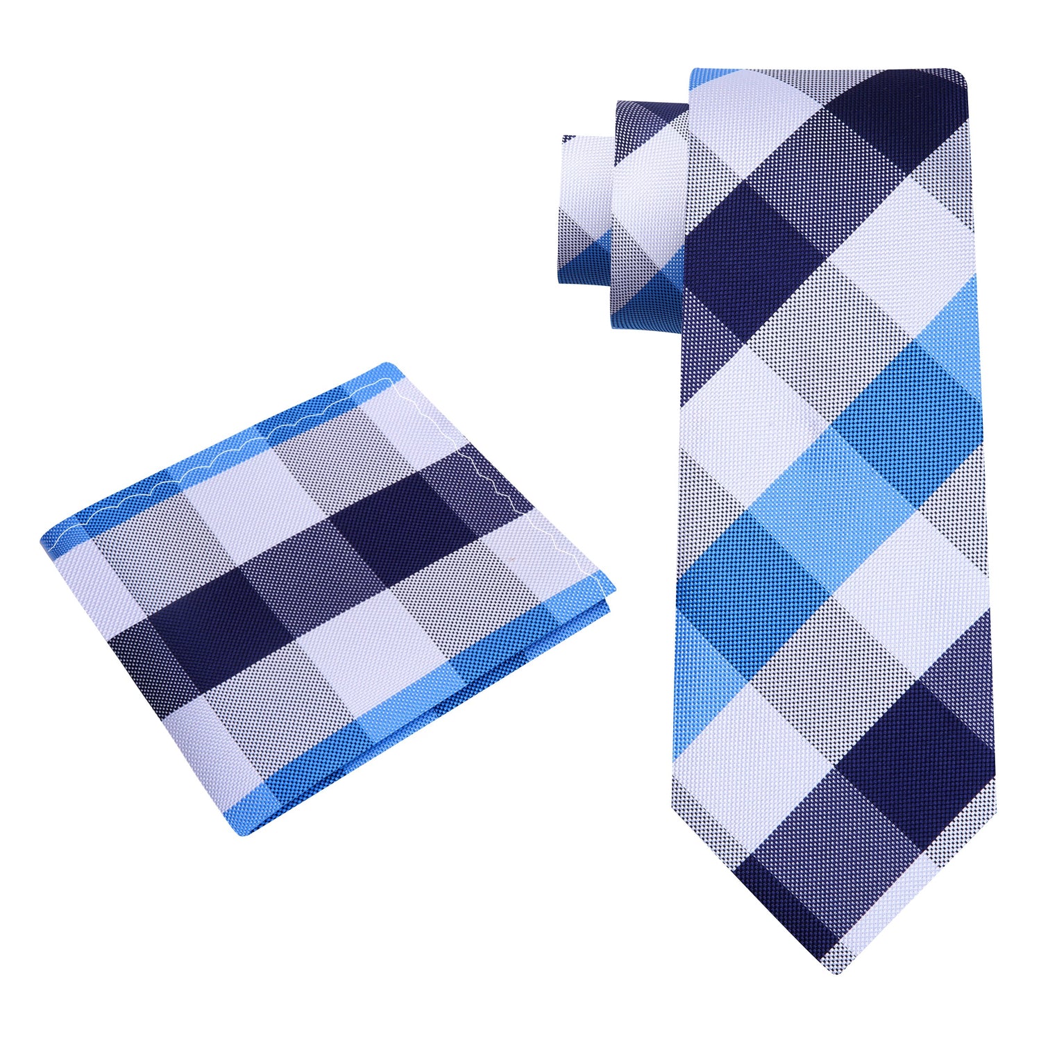 Alt View: A Blue, Light Blue, White Plaid Pattern Silk Necktie, Matching Pocket Square