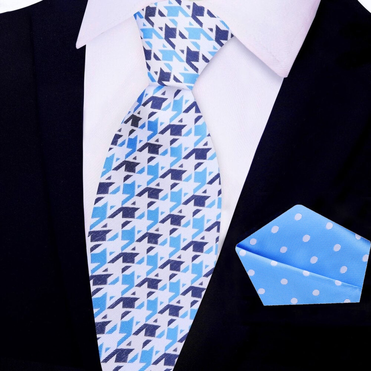 Main View: Main View: Blue, Light Blue, White Geometric Tie and Accenting Pocket Square