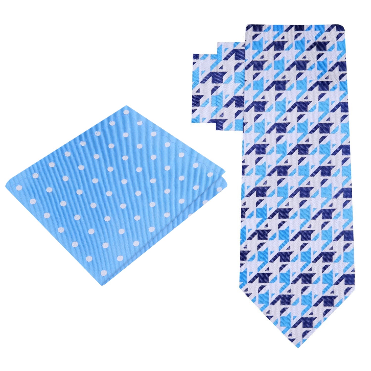 View 2: Main View: Blue, Light Blue, White Geometric Tie and Accenting Pocket Square