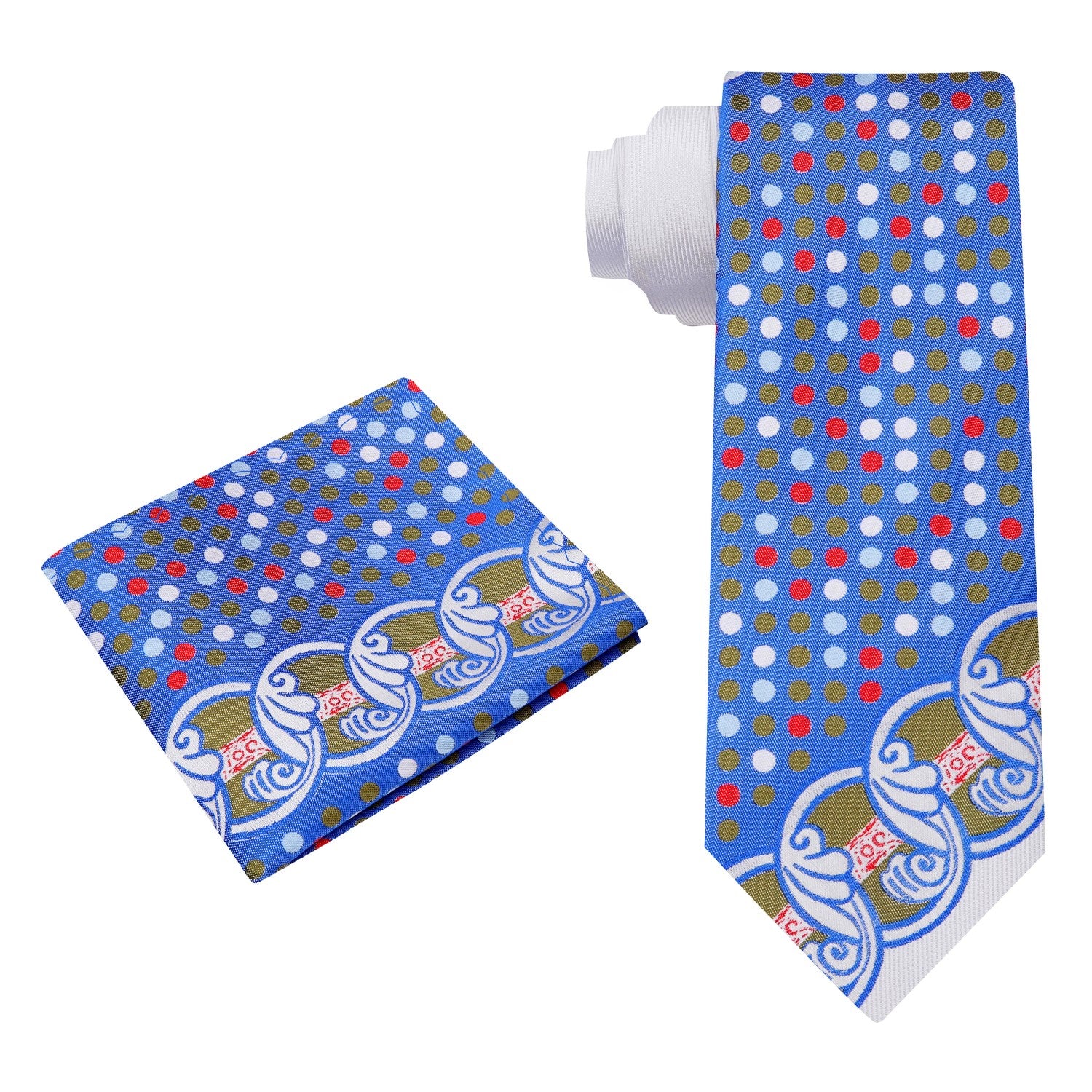 View 2: A White, Blue, Red, Green Wavy Circular Abstract with Dots Pattern Silk Necktie, With Matching Pocket Square