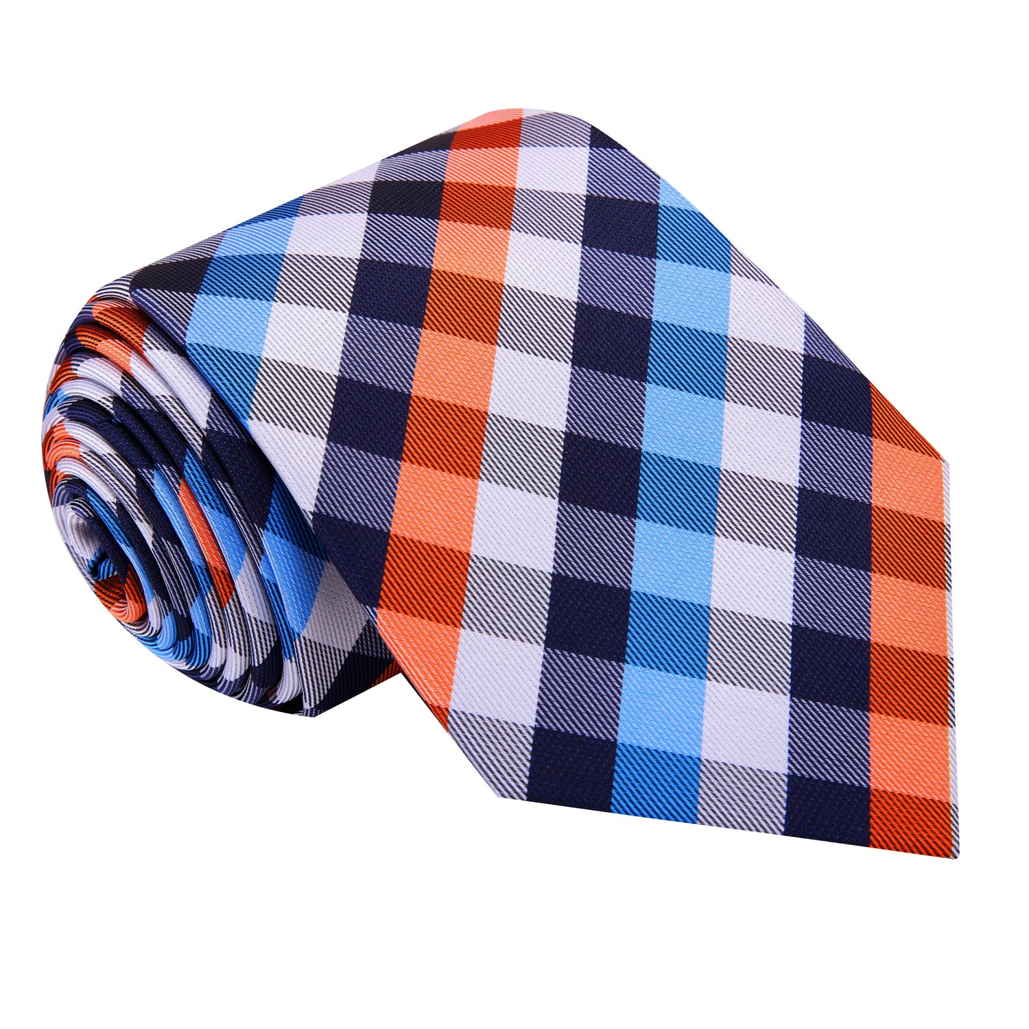 A Light Blue, Orange, White Geometric Check Pattern Silk Necktie 