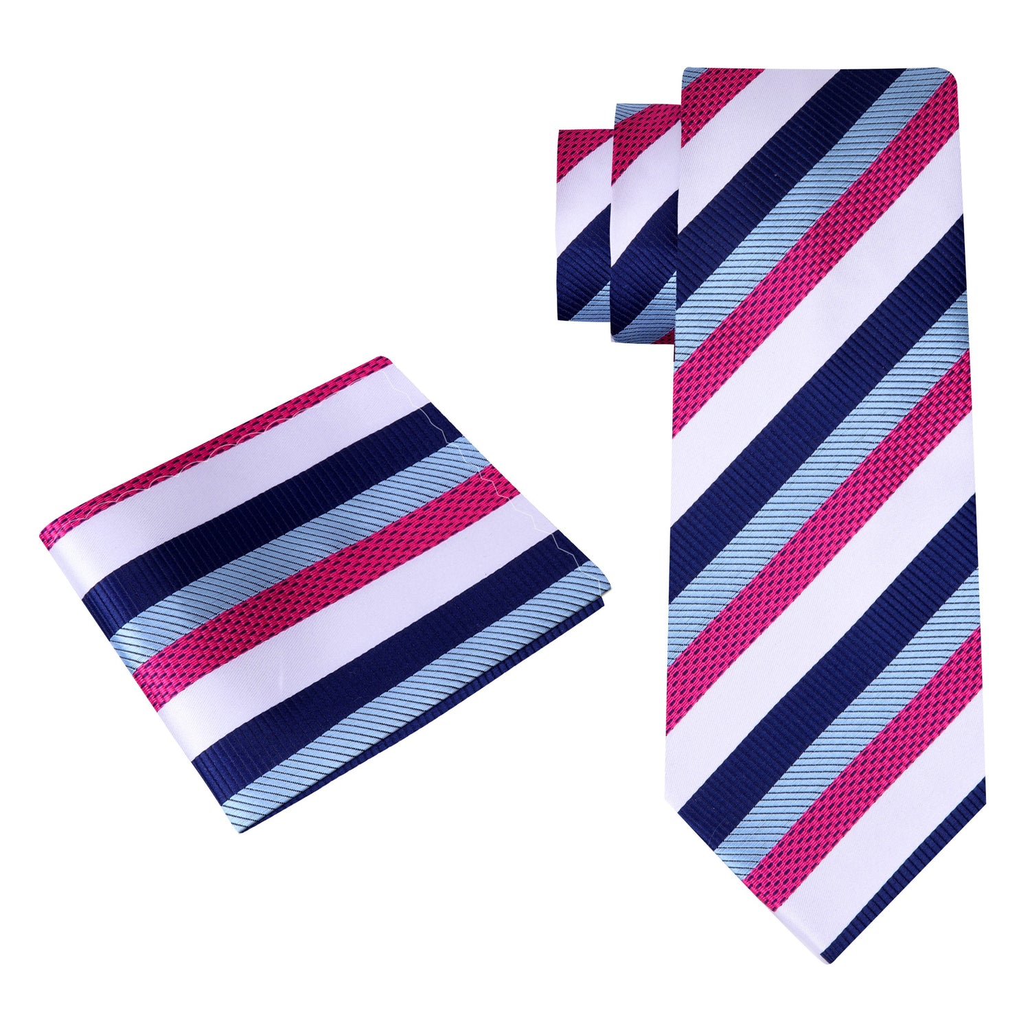Alt View: A White, Light Blue, Blue, Dark Pink Stripe Pattern Silk Necktie, Matching Pocket Square