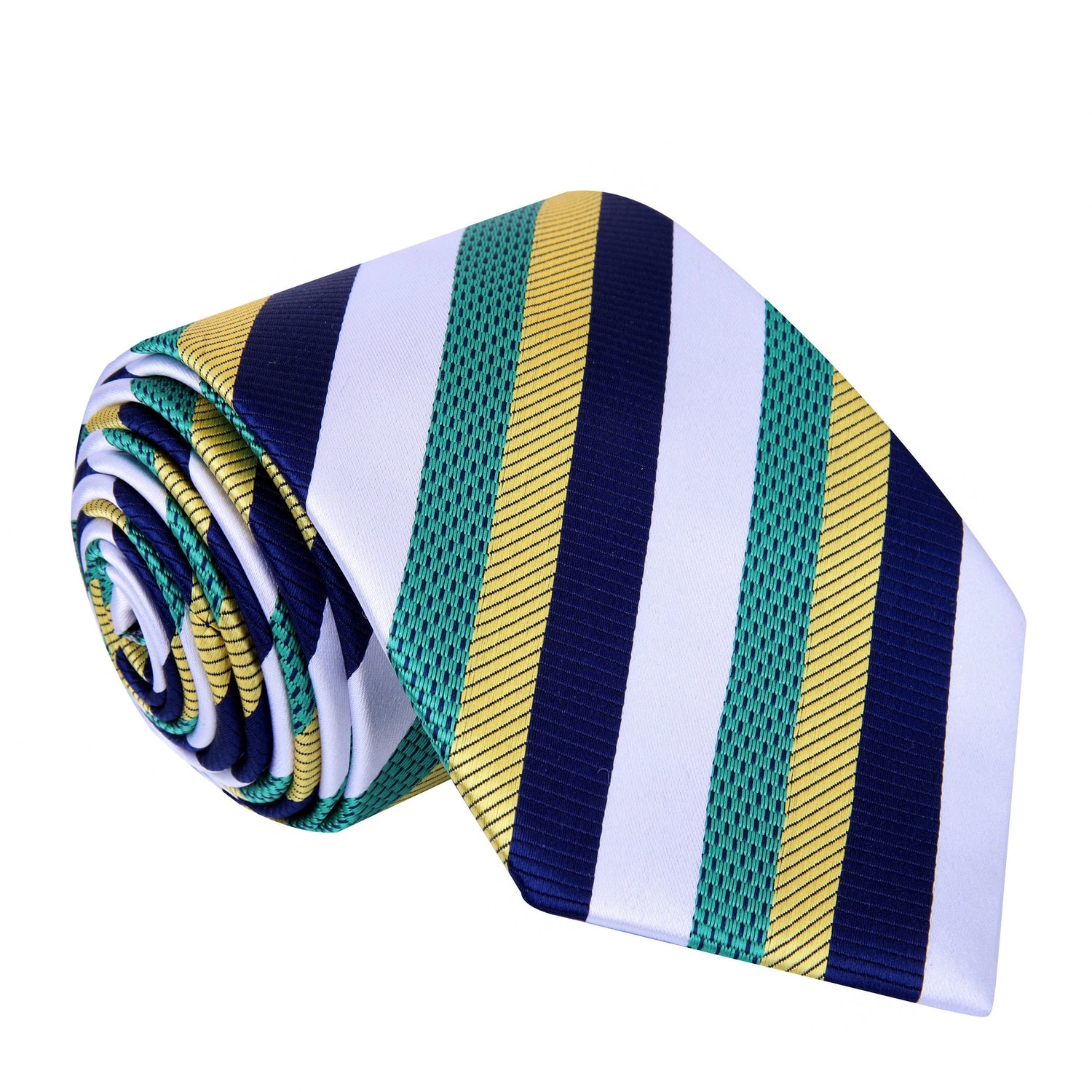 A White, Green, Blue, Yellow Stripe Pattern Silk Necktie 