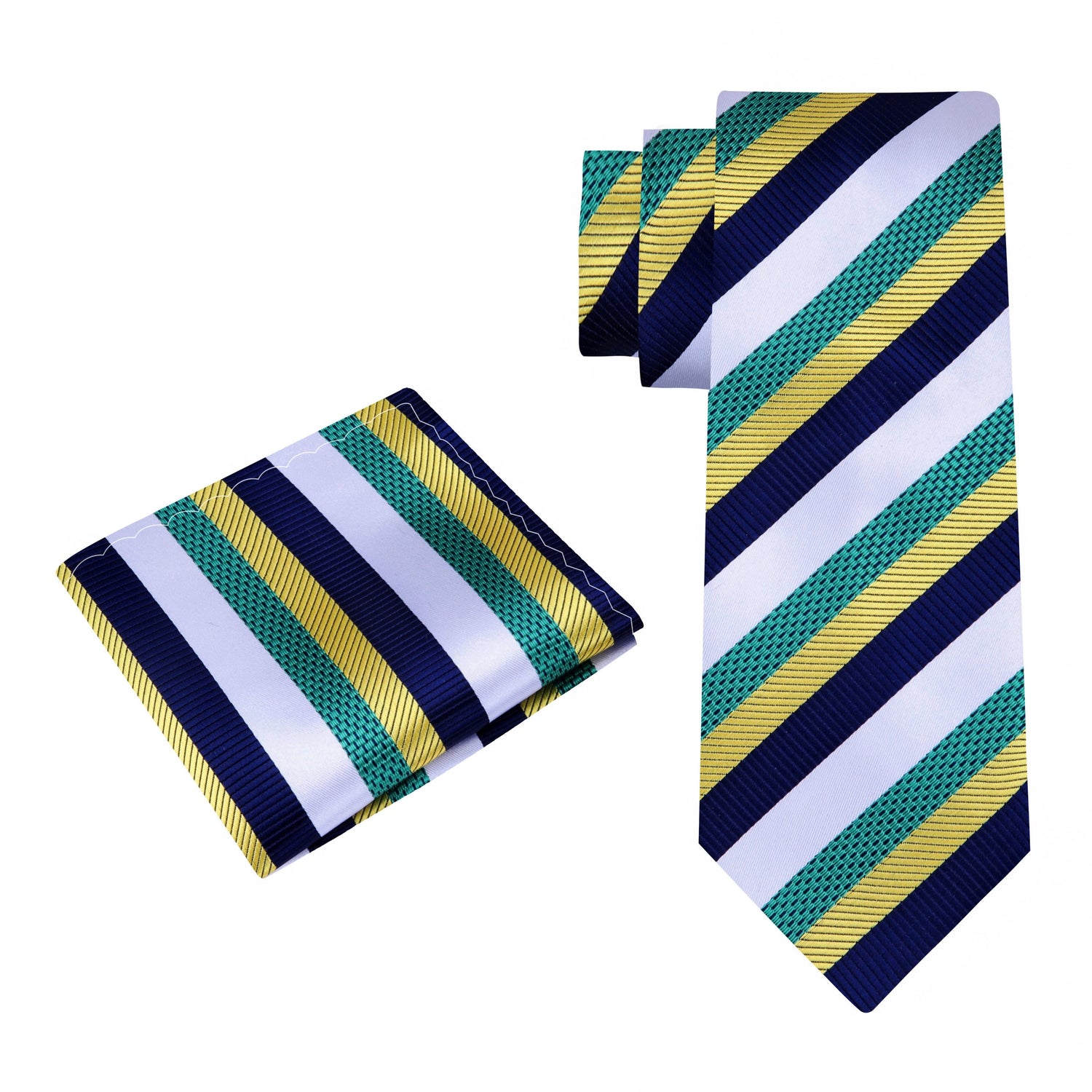 Alt View: A White, Green, Blue, Yellow Stripe Pattern Silk Necktie, Matching Pocket Square