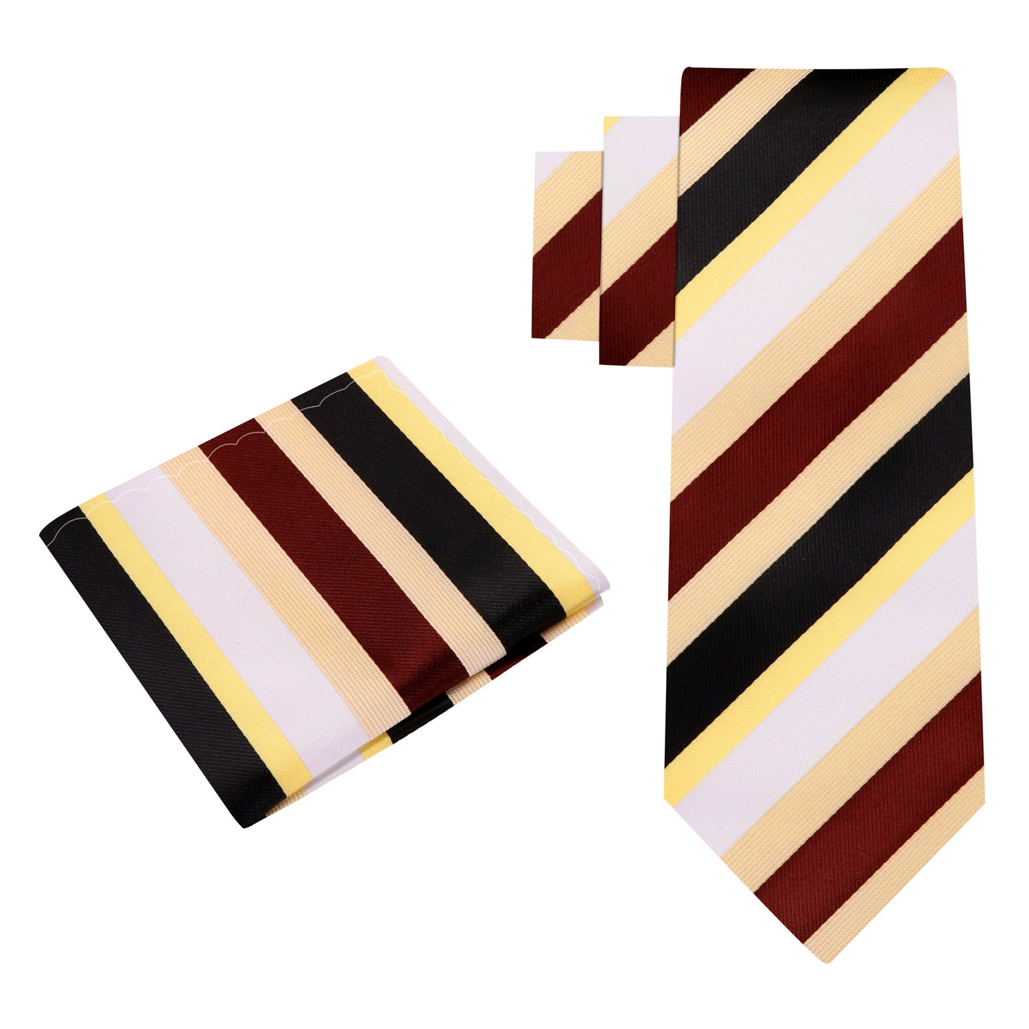 Alt View: A Cream, Brown, Black Stripe Pattern Silk Necktie, Matching Pocket Square