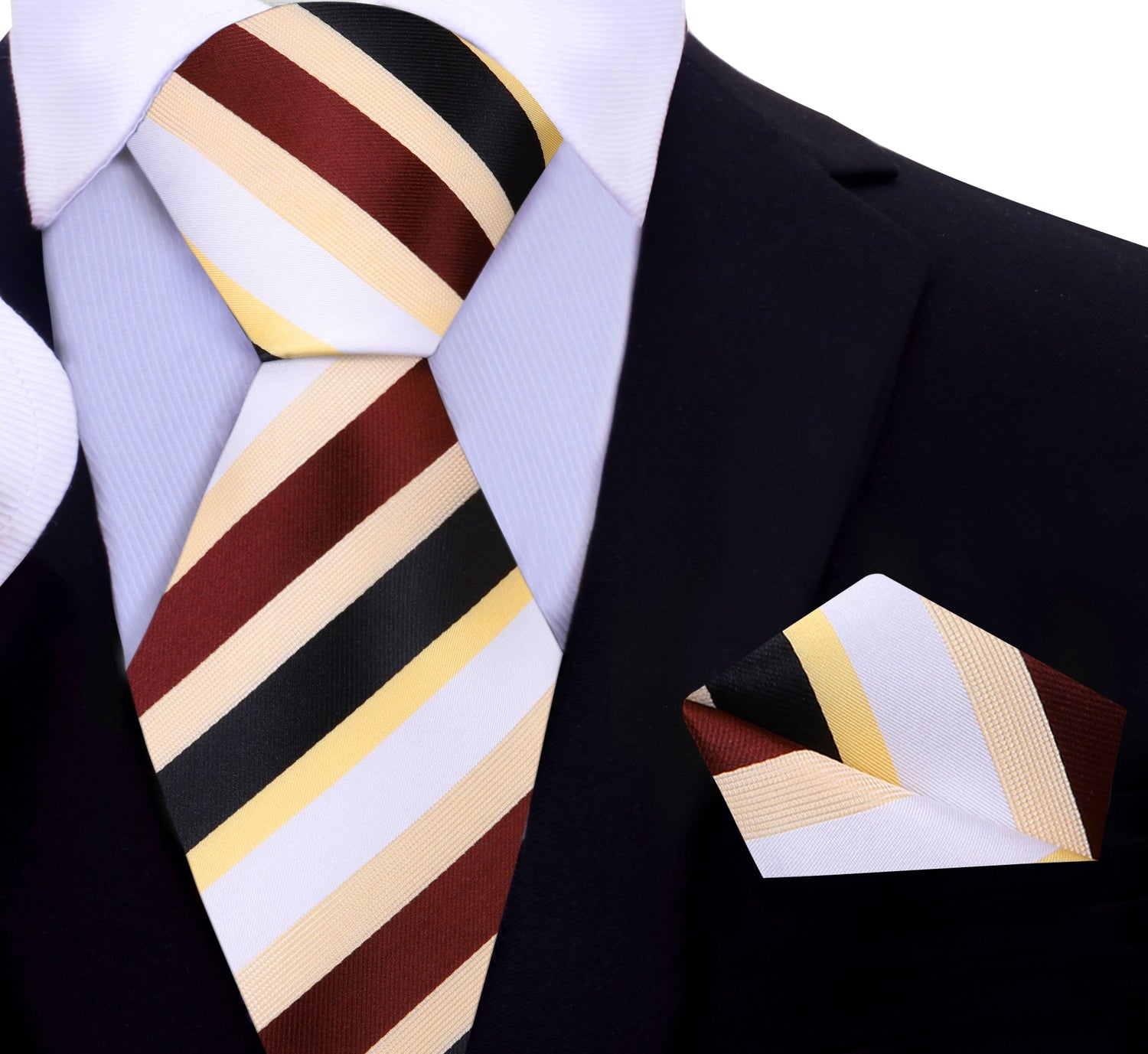 A Cream, Brown, Black Stripe Pattern Silk Necktie, Matching Pocket Square