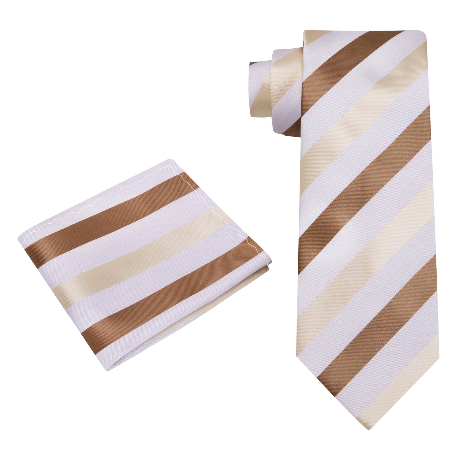 Alt View: A Brown, Light Brown, White Stripe Pattern Silk Necktie, Pocket Square