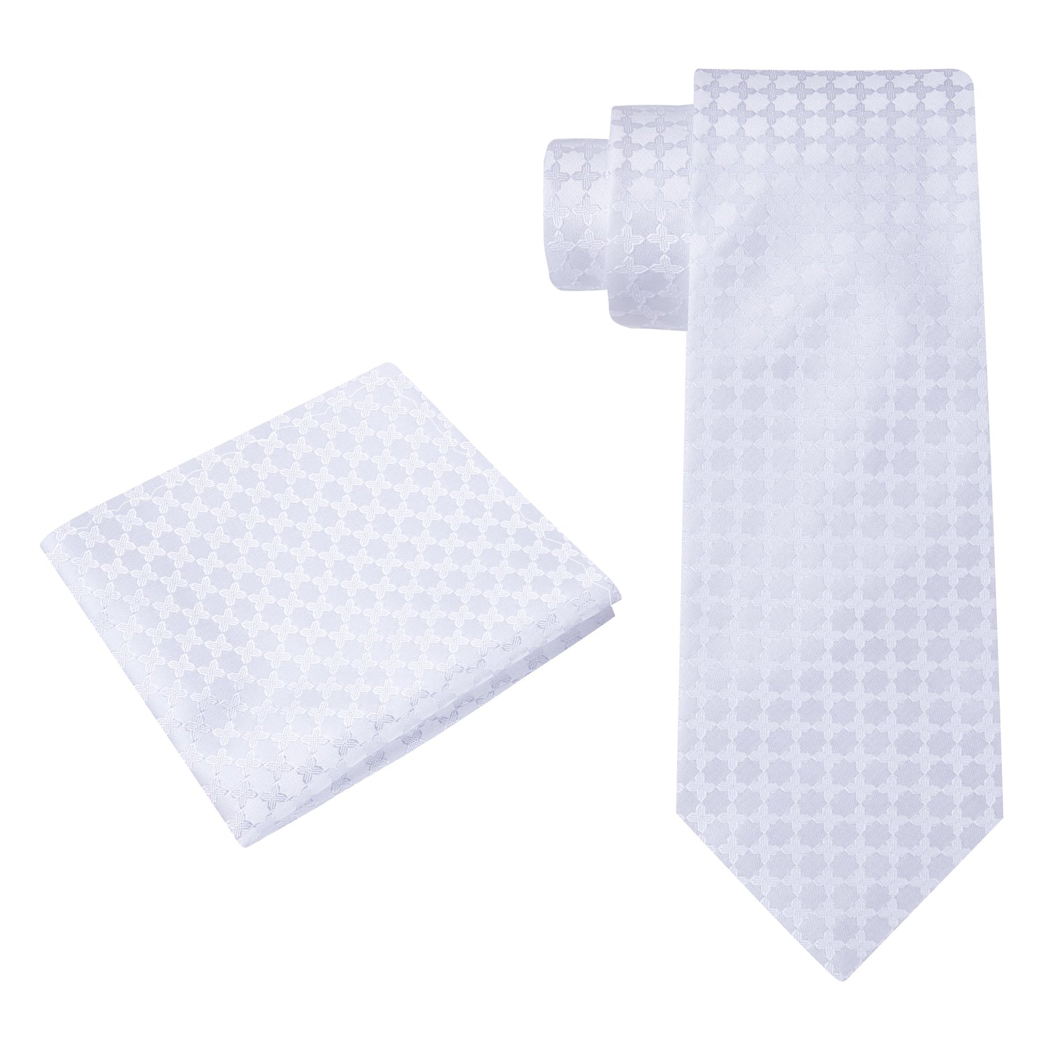 Alt View: A White Geometric Clover Pattern Silk Necktie, Pocket Square