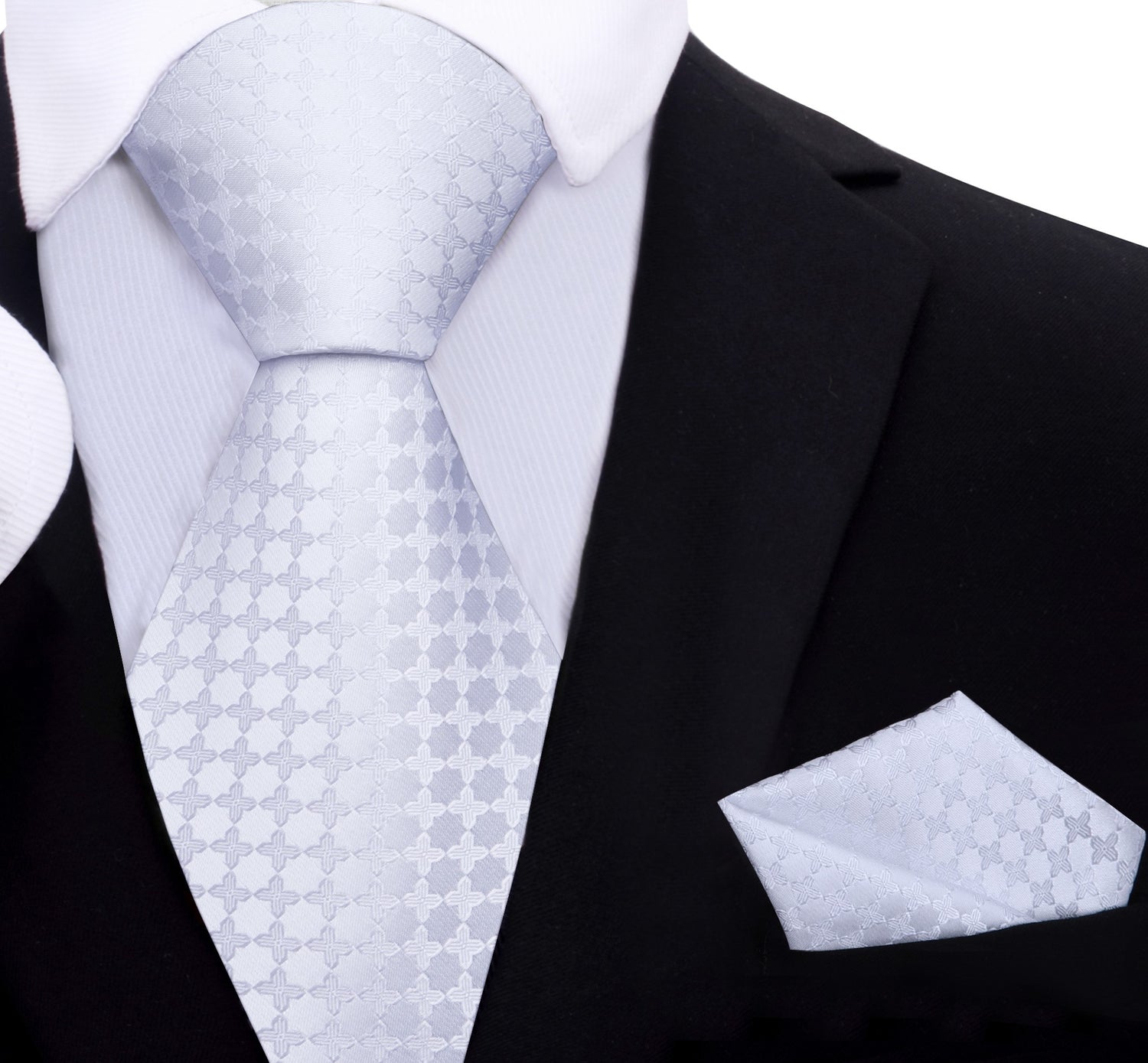 A White Geometric Clover Pattern Silk Necktie, Pocket Square