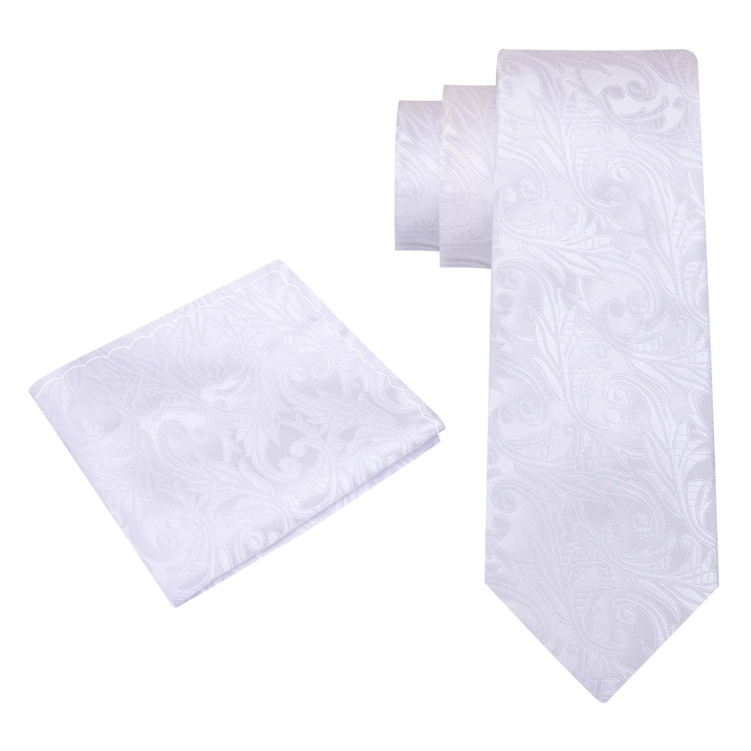 Alt View; A White Floral Pattern Silk Necktie, Matching Pocket Square