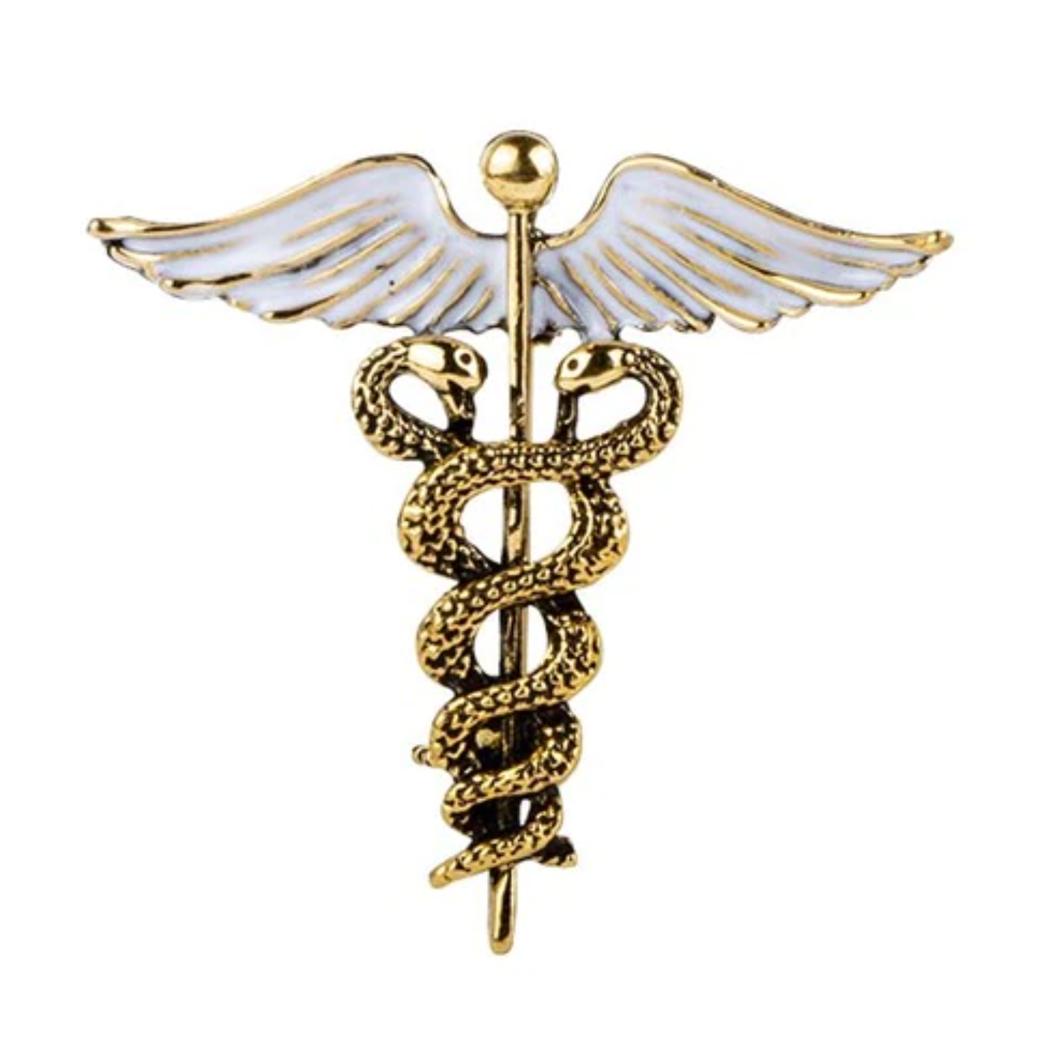 A Gold and Pearl Colored Caduceus Shaped Lapel Pin