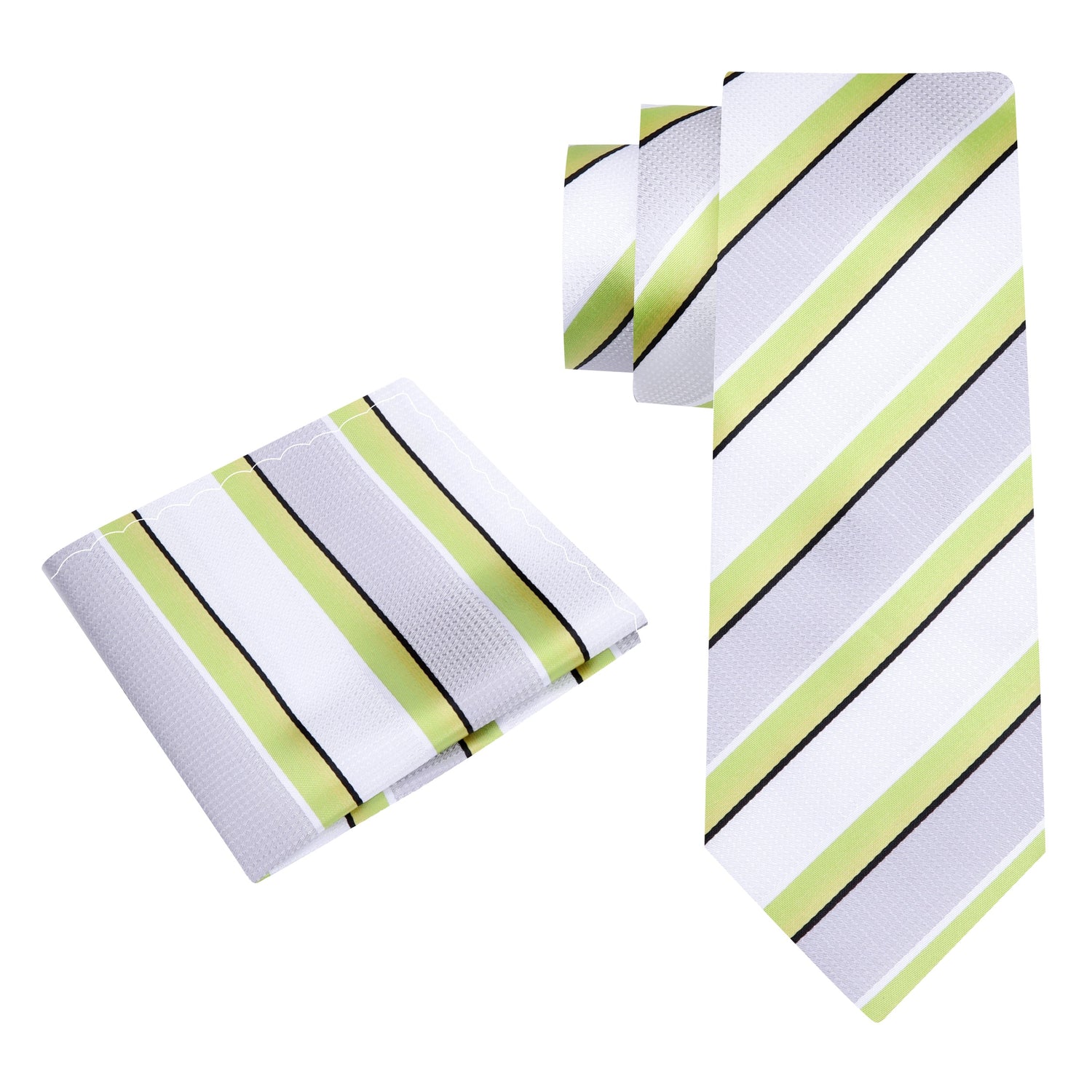 Alt View: A White, Lime Green Stripe Pattern Silk Necktie, With Matching Pocket Square