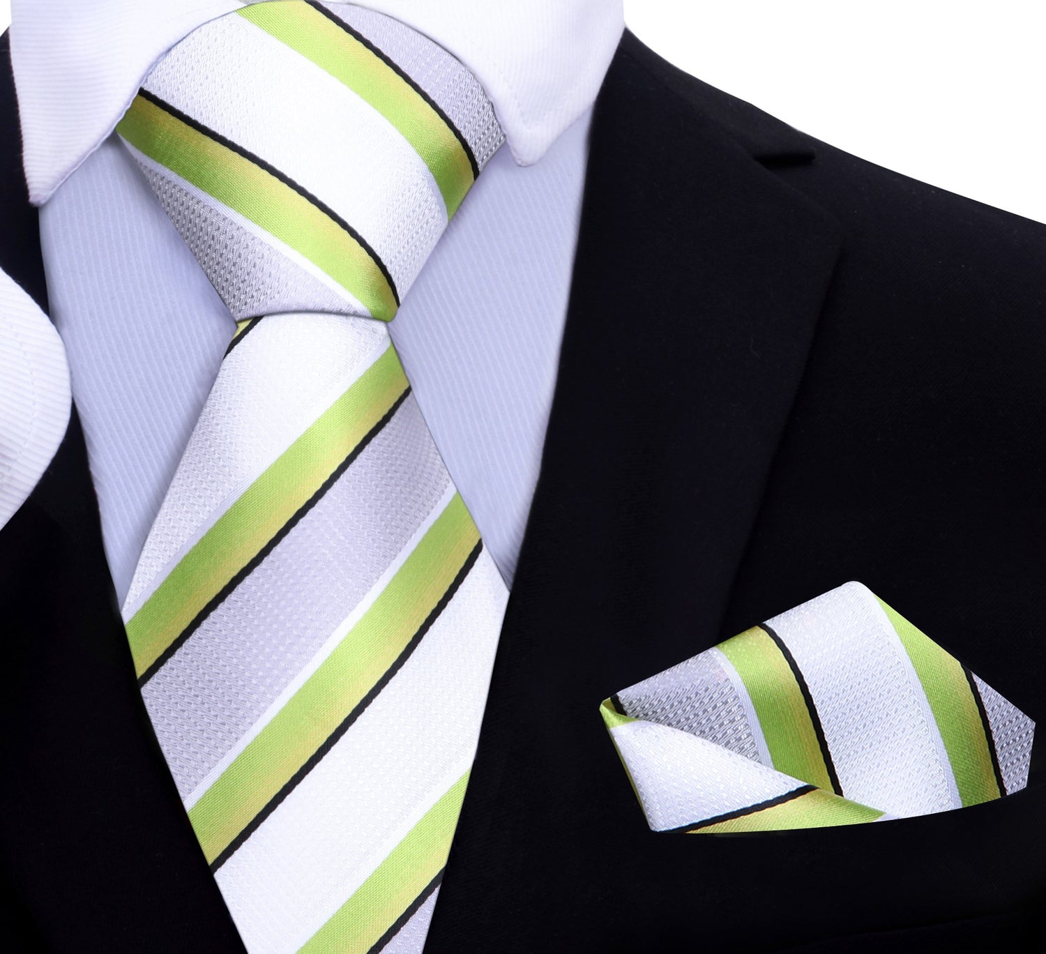 A White, Lime Green Stripe Pattern Silk Necktie, With Matching Pocket Square