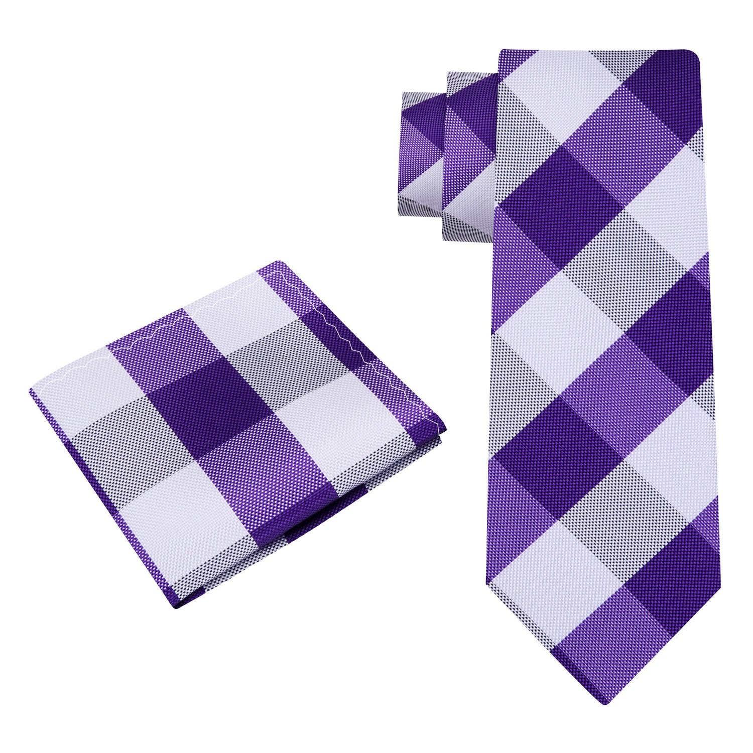 Alt View: A Purple, White Plaid Pattern Silk Necktie, Matching Pocket Square