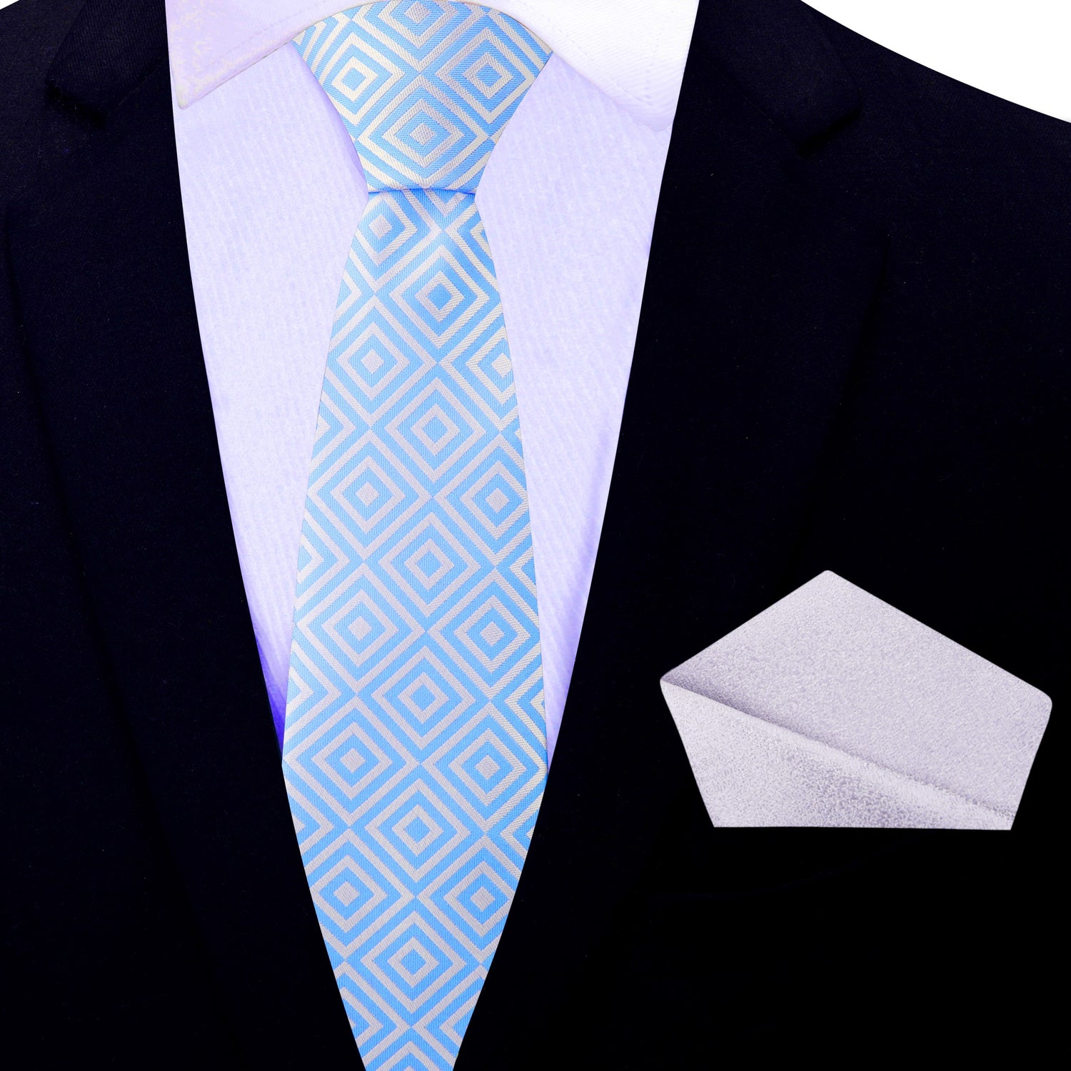 Thin Tie: White, Light Blue Geometric Tie and Shimmer Silver Pocket Square